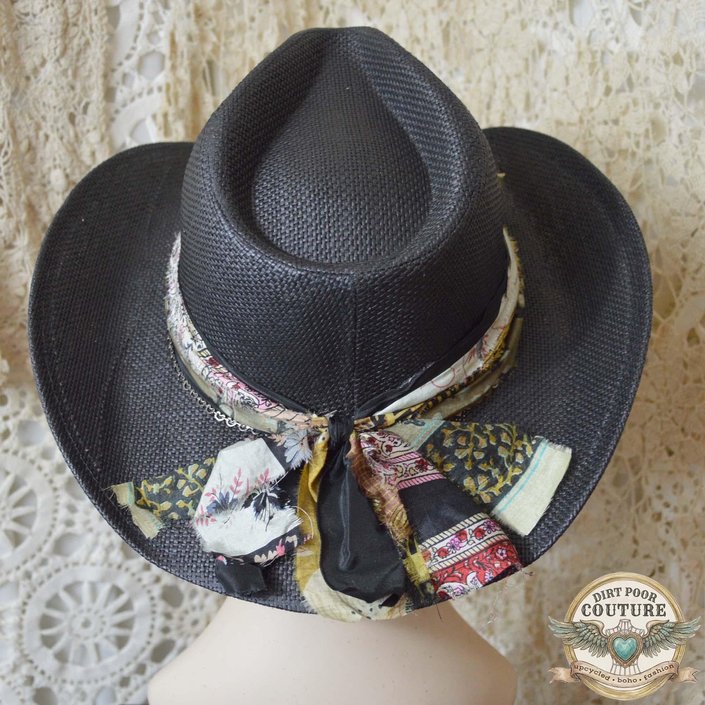 Black Boho Cowgirl Hat, One of a Kind Western Hat, Vintage Sari Silk Hat, Artisan Festival Hat, Hazel