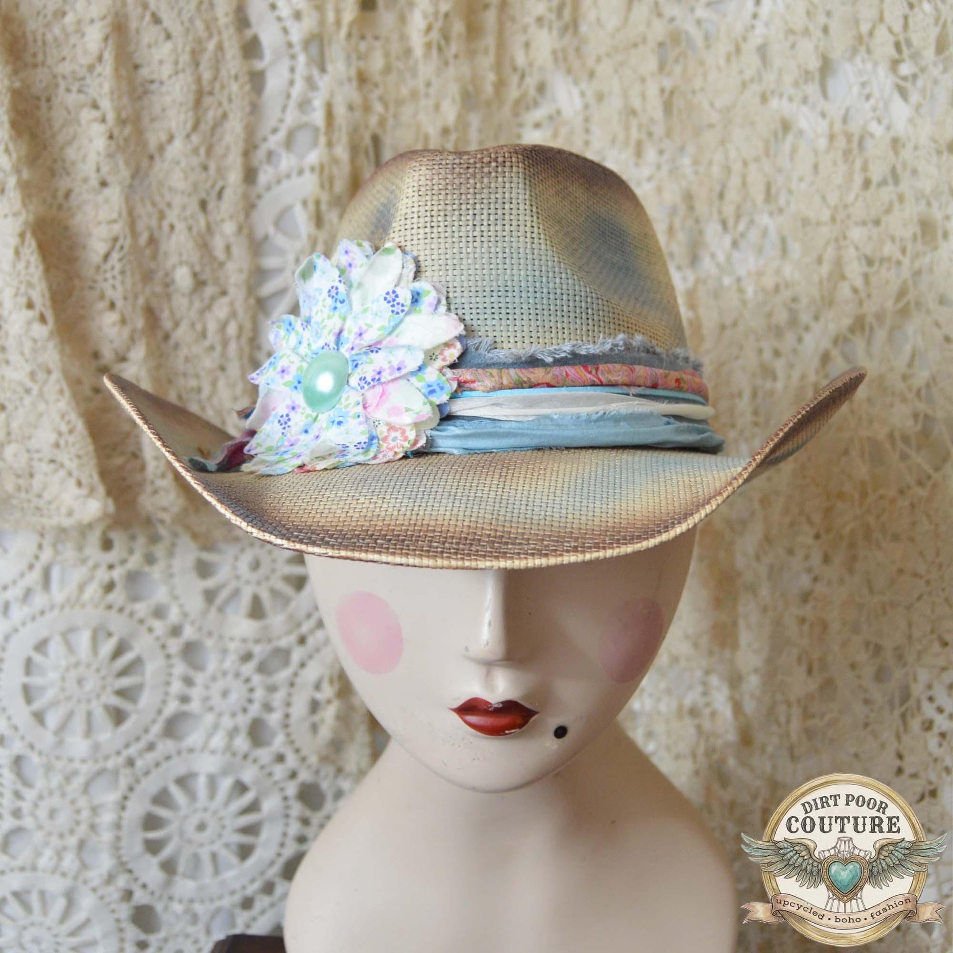 OOAK Boho Cowgirl Hat, Distressed Western Hat, Vintage Sari Silk, Pastel Festival Hat, Artisan Cowboy Hat, Leoni