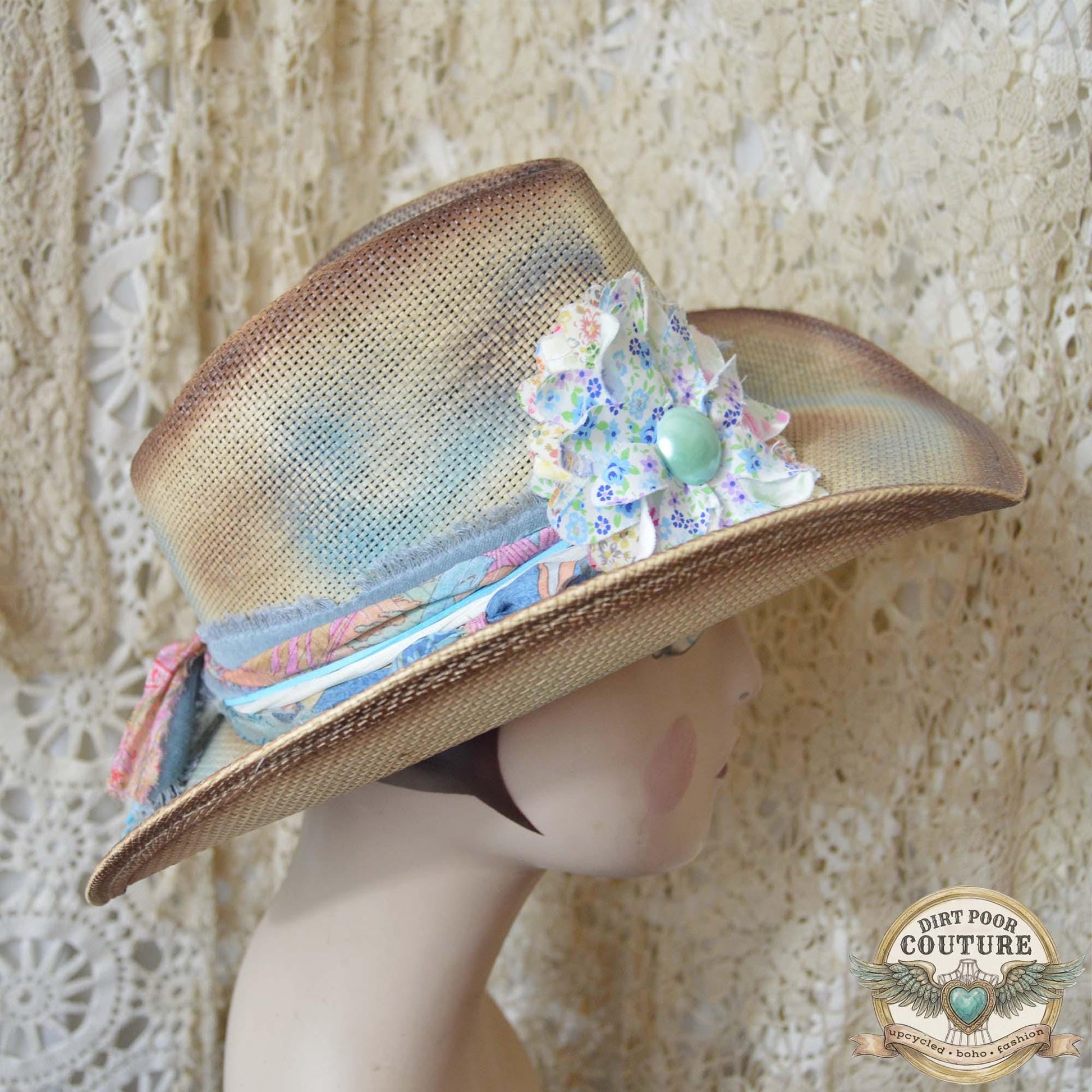 OOAK Boho Cowgirl Hat, Distressed Western Hat, Vintage Sari Silk, Pastel Festival Hat, Artisan Cowboy Hat, Leoni