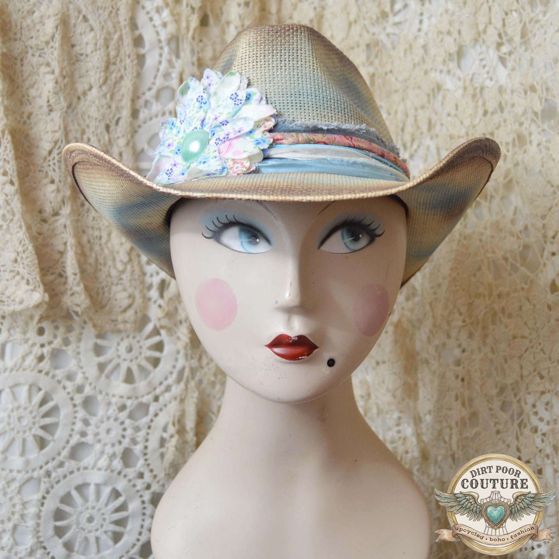 OOAK Boho Cowgirl Hat, Distressed Western Hat, Vintage Sari Silk, Pastel Festival Hat, Artisan Cowboy Hat, Leoni