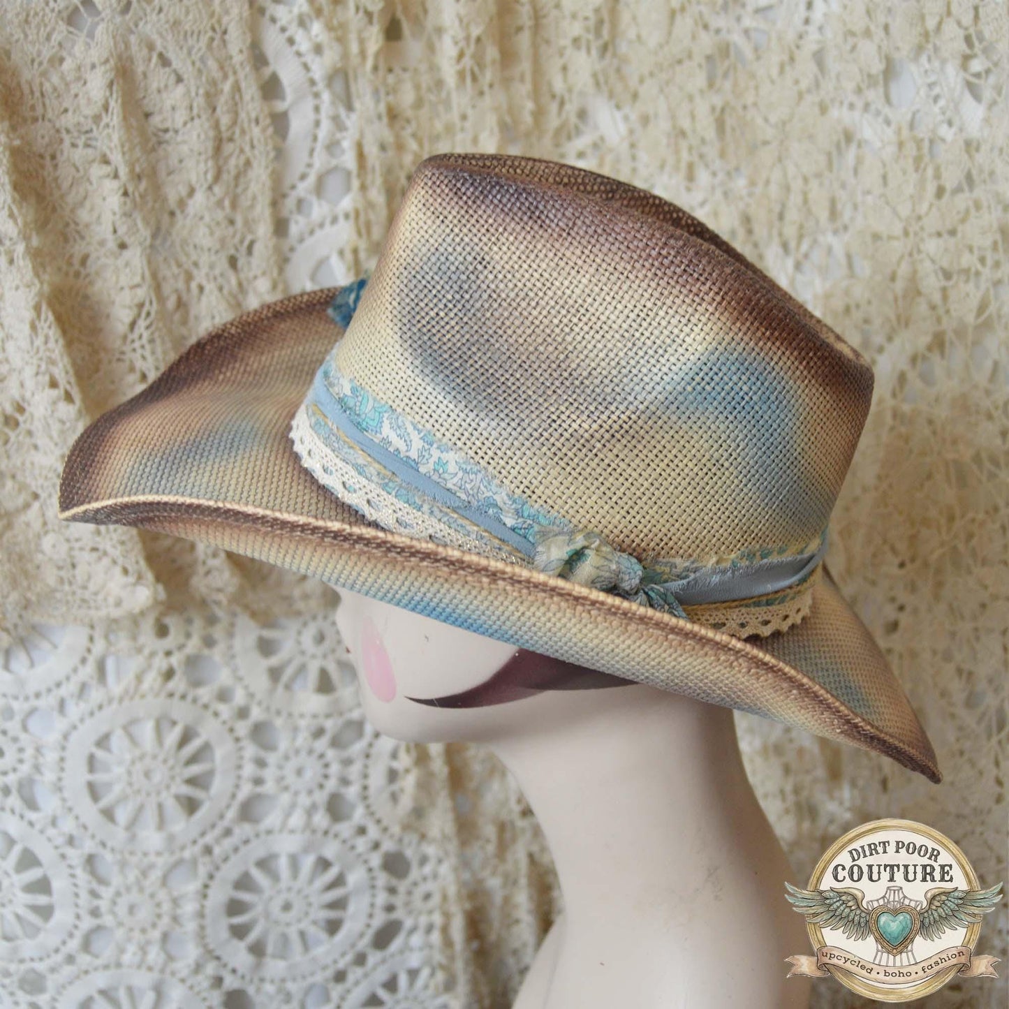 Distressed Boho Cowgirl Hat, One of a Kind Western Hat, Vintage Sari Silk Hat, Cottagecore Cowboy Hat, Artisan Hat, Lillian