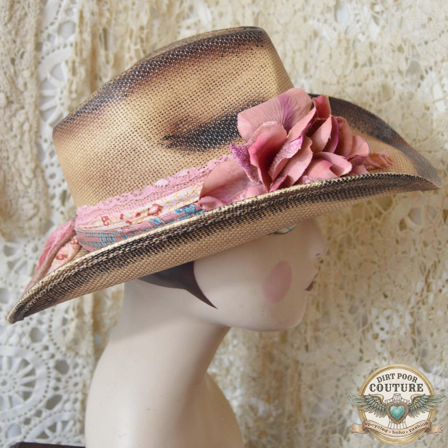 Pink Rose Cowboy Hat, Romantic, One of a Kind Western Hat, Vintage Sari Silk Hat, Distressed Floral Cowboy Hat, Rosalie