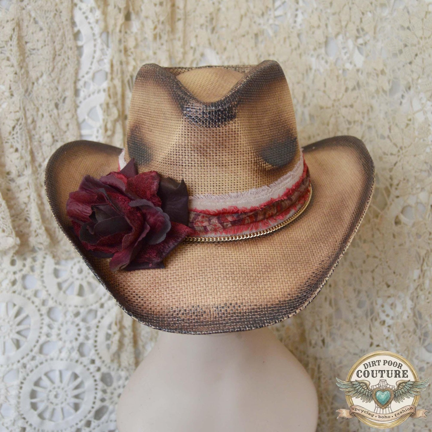 Burgundy Floral Cowboy Hat, Straw One of a Kind Western Hat, Vintage Sari Silk, Distressed Cowgirl hat, Sophie