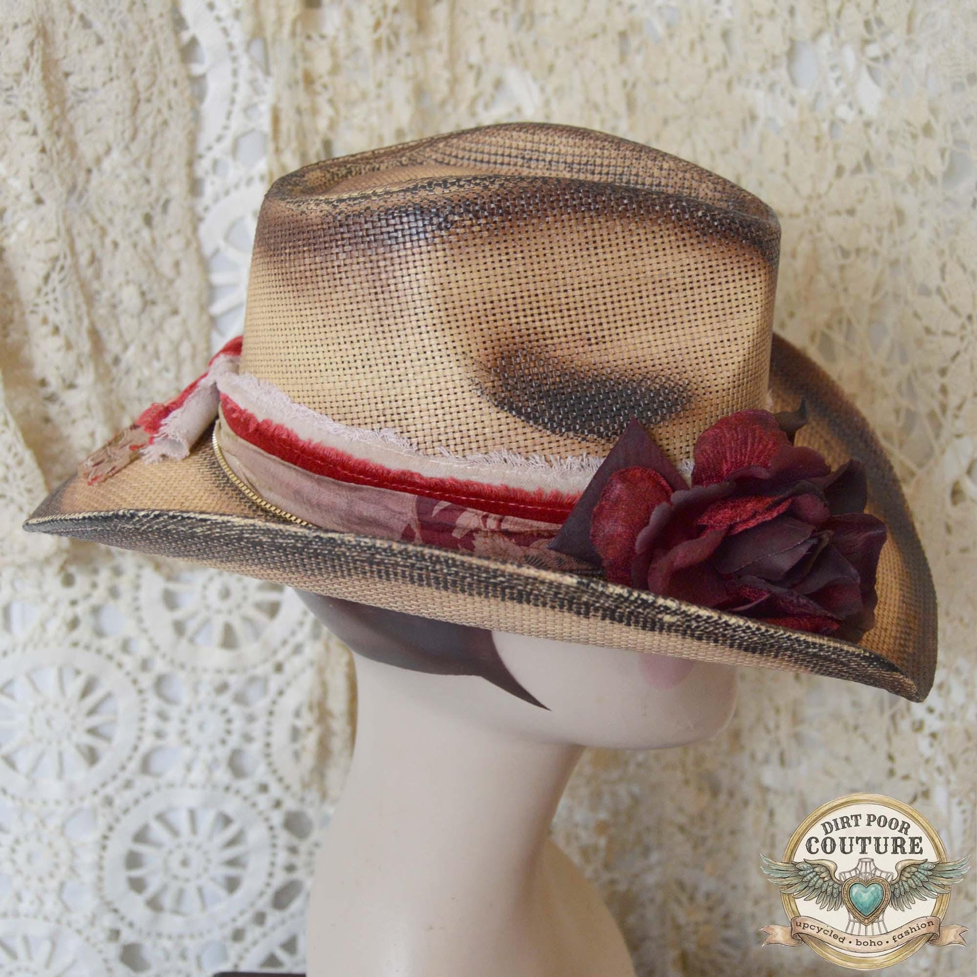 Burgundy Floral Cowboy Hat, Straw One of a Kind Western Hat, Vintage Sari Silk, Distressed Cowgirl hat, Sophie