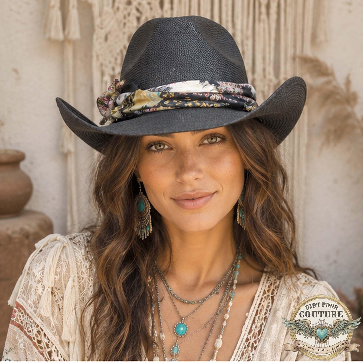 Black Boho Cowgirl Hat, One of a Kind Western Hat, Vintage Sari Silk Hat, Artisan Festival Hat, Hazel