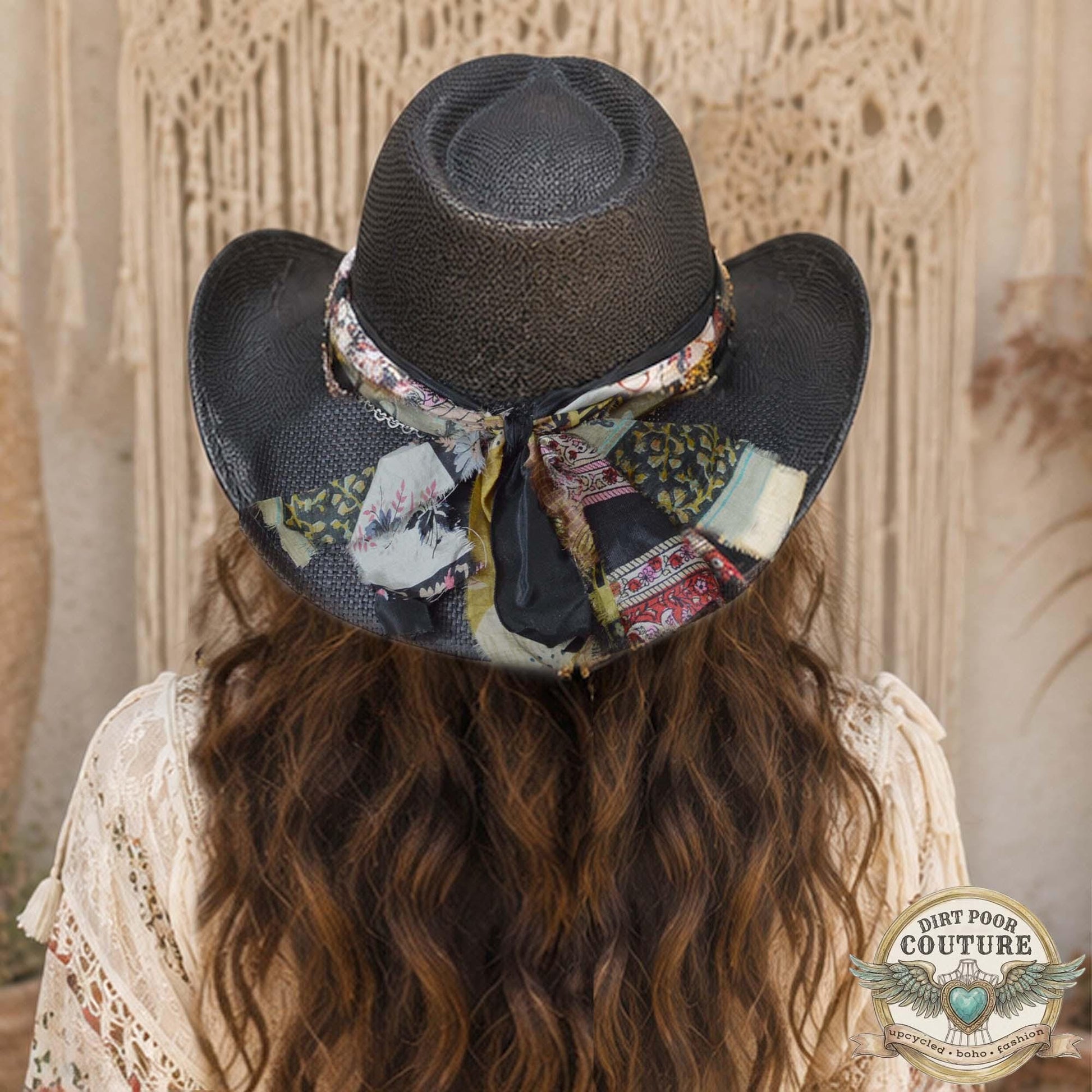 Black Boho Cowgirl Hat, One of a Kind Western Hat, Vintage Sari Silk Hat, Artisan Festival Hat, Hazel