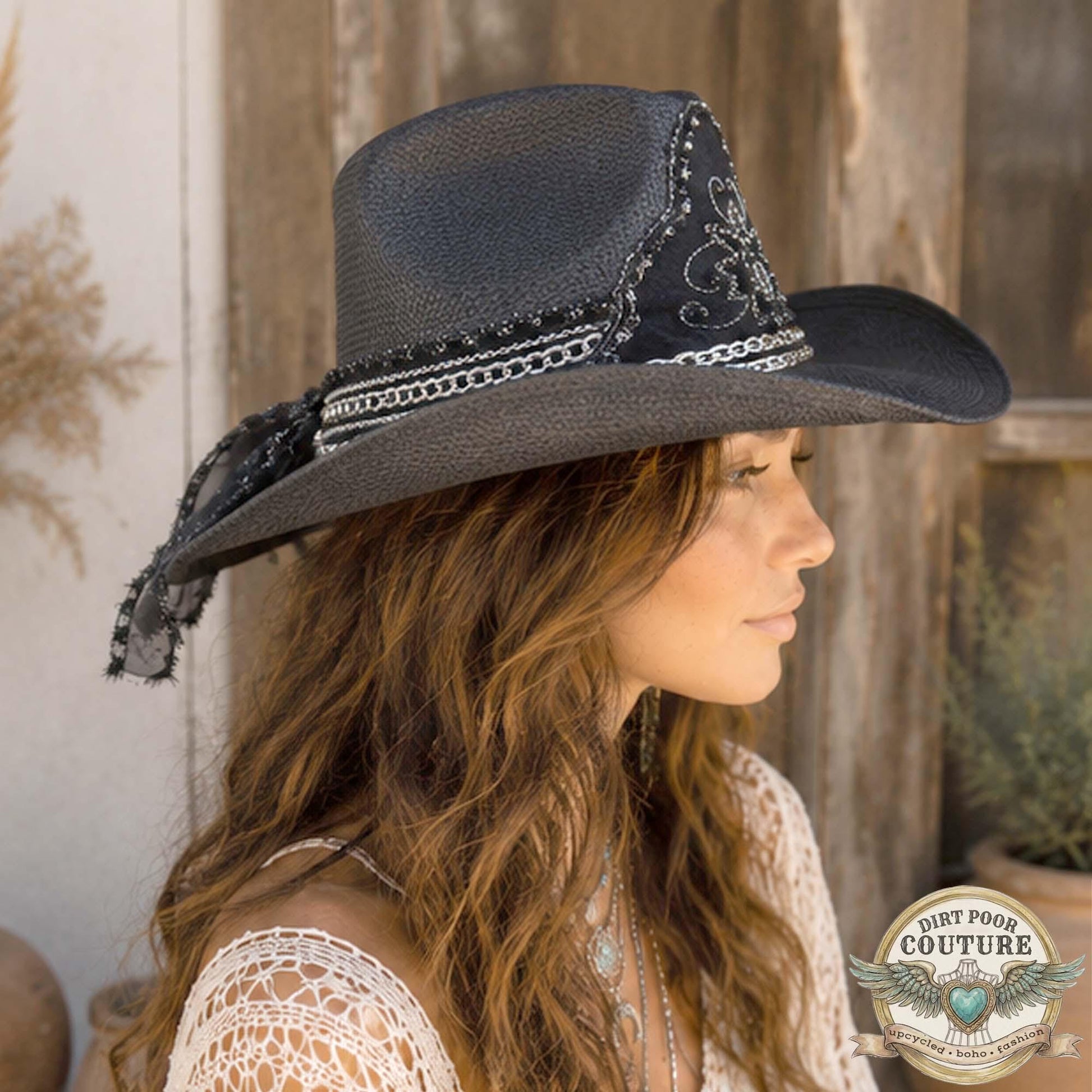 Black Boho Cowgirl Hat, One of a Kind Western Hat, Gothic Western Hat, Artisan Festival Hat, Eliza