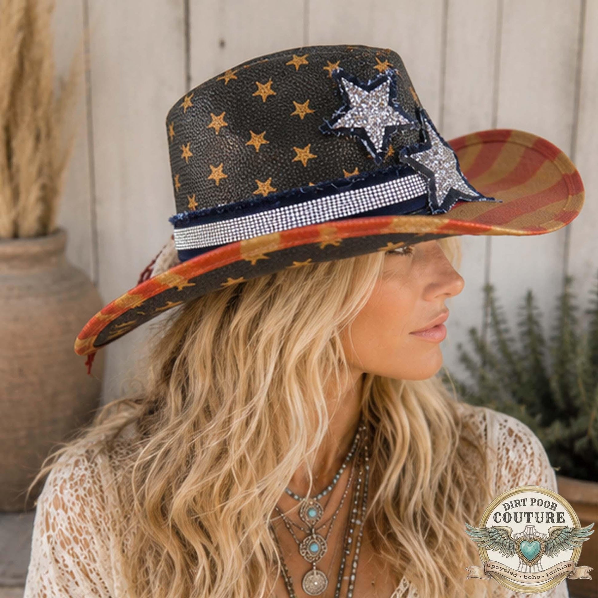 Distressed Americana Cowgirl Hat, One of a Kind, Western Hat, Rhinestone Star, Festival Hat, OOAK, Betsey