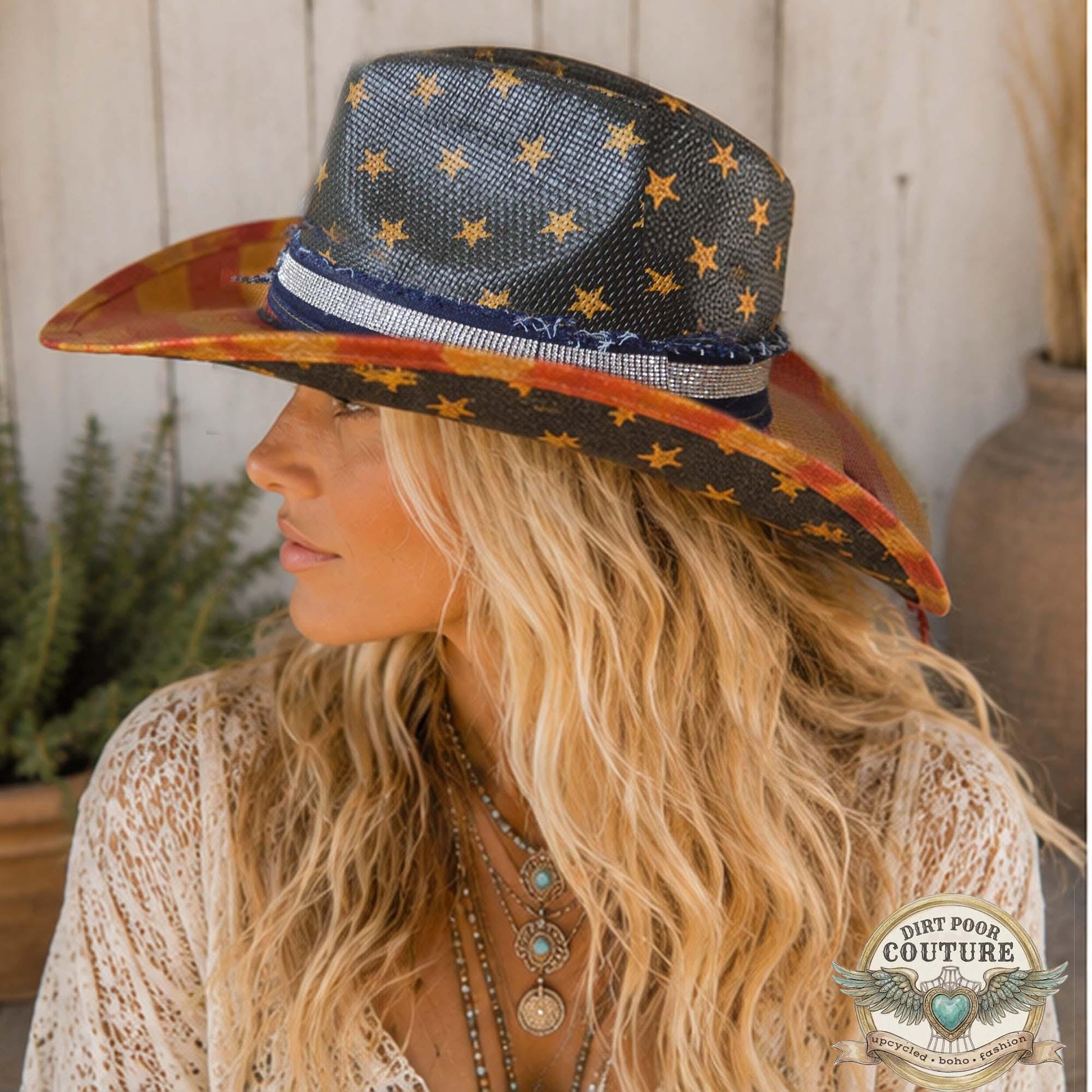 Distressed Americana Cowgirl Hat, One of a Kind, Western Hat, Rhinestone Star, Festival Hat, OOAK, Betsey