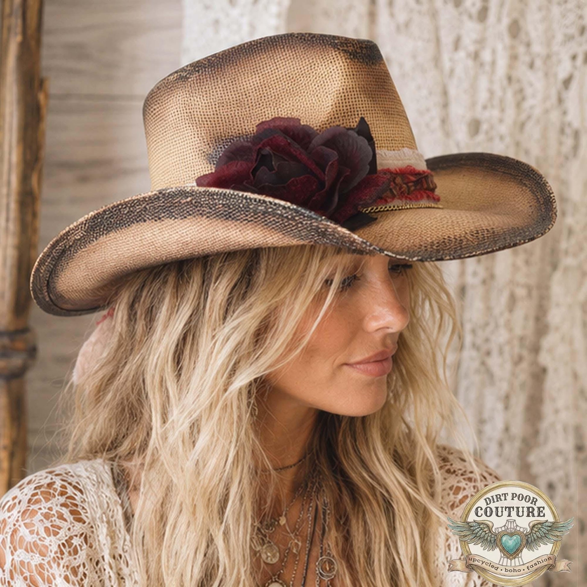 Burgundy Floral Cowboy Hat, Straw One of a Kind Western Hat, Vintage Sari Silk, Distressed Cowgirl hat, Sophie
