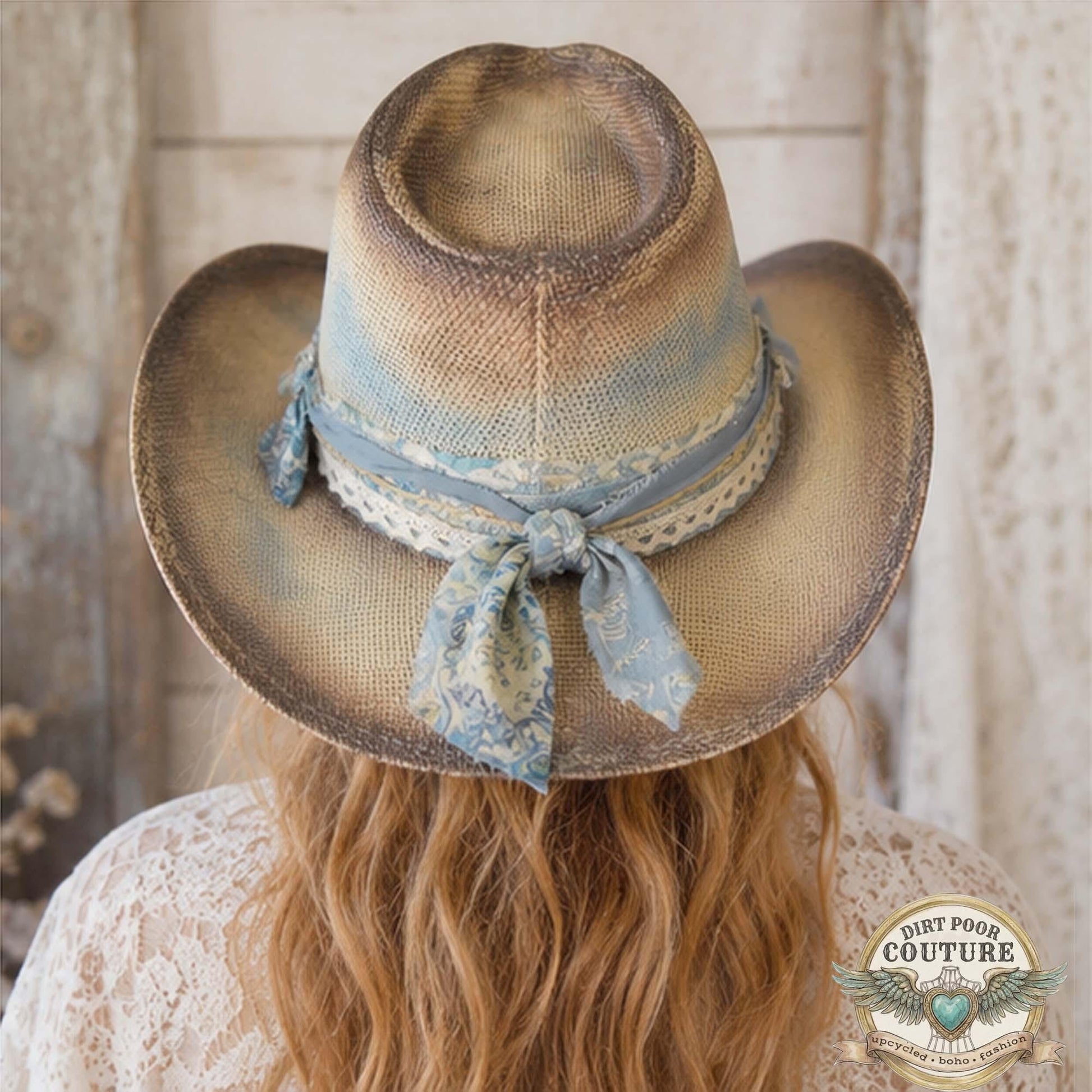 Distressed Boho Cowgirl Hat, One of a Kind Western Hat, Vintage Sari Silk Hat, Cottagecore Cowboy Hat, Artisan Hat, Lillian