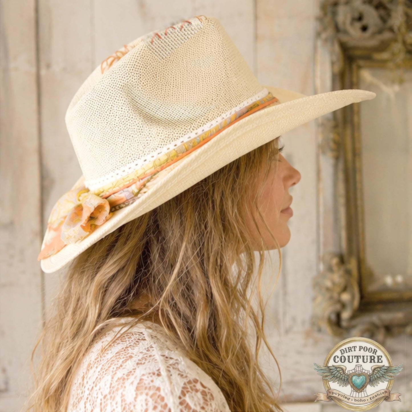 Distressed Boho Cowboy Hat, One of a Kind, Sari Silk Trimmed Hat, Romantic Western, Festival Hat, Adjustable Fit, Amelia