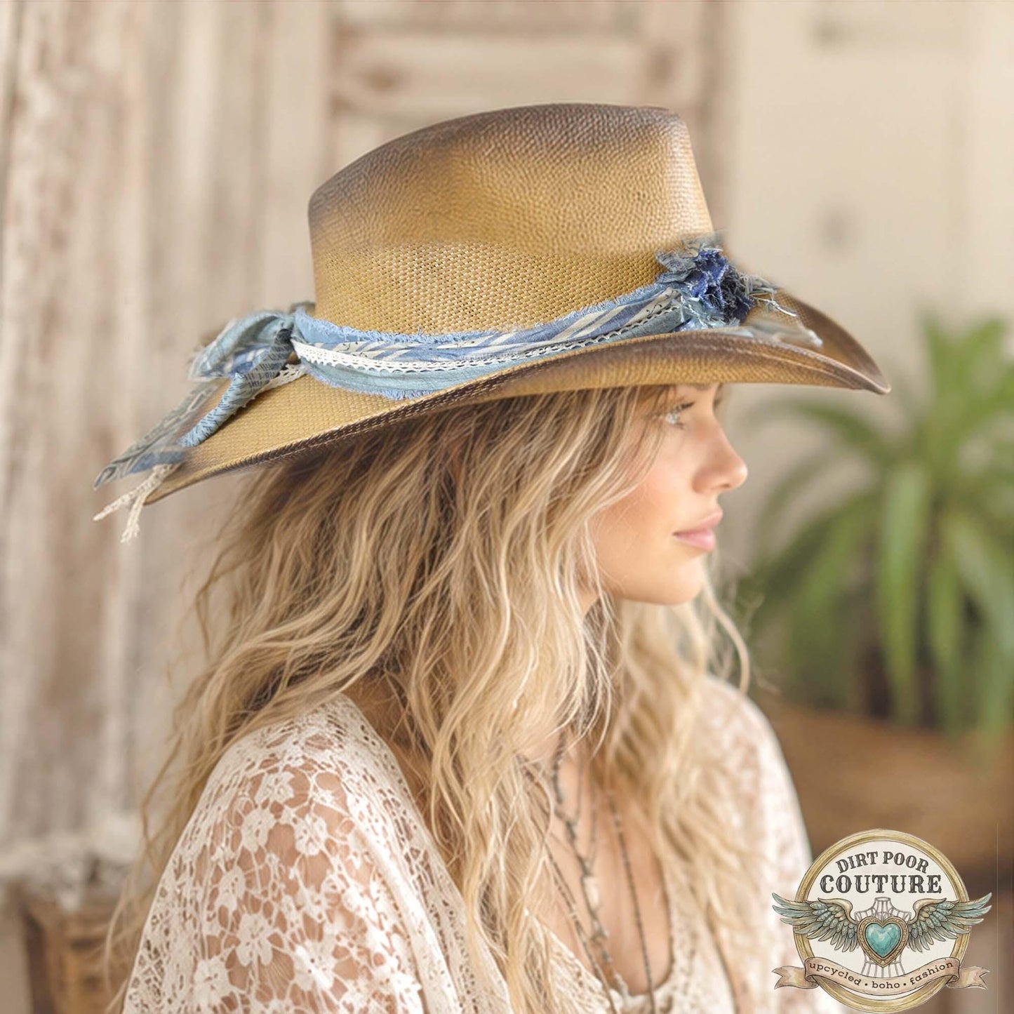 Boho Cowgirl Hat for Women, Distressed Western Hat, One of a Kind Sari Silk Cowboy Hat, Festival Fashion, Willow