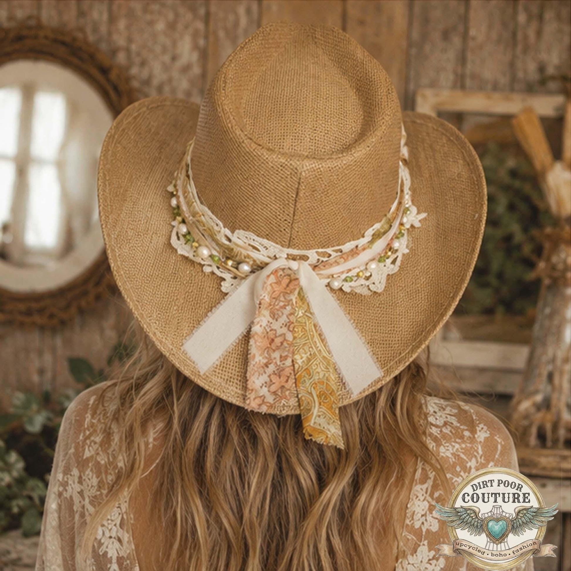 Distressed Boho Cowgirl Hat, One of a Kind Western Hat, Vintage Sari Silk Hat, Romantic Prairie Hat, Delilah