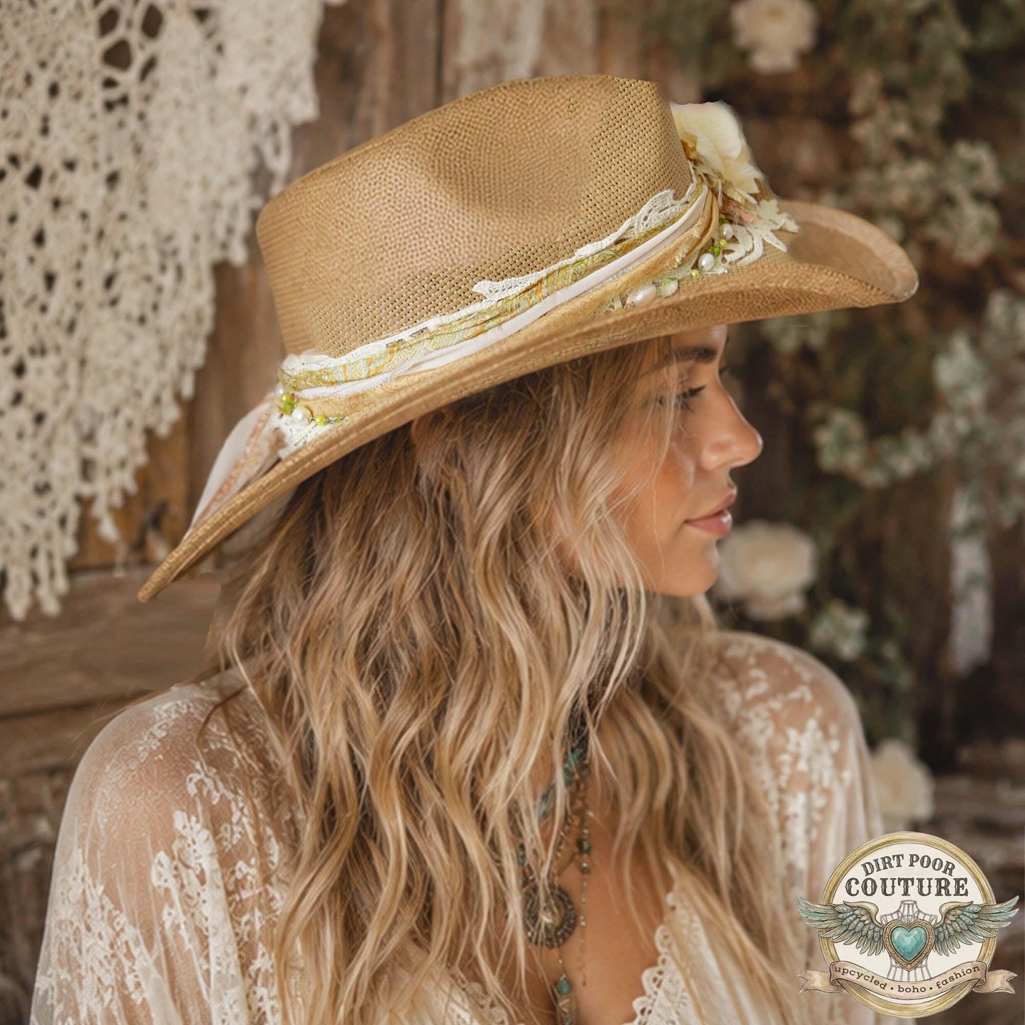 Distressed Boho Cowgirl Hat, One of a Kind Western Hat, Vintage Sari Silk Hat, Romantic Prairie Hat, Delilah