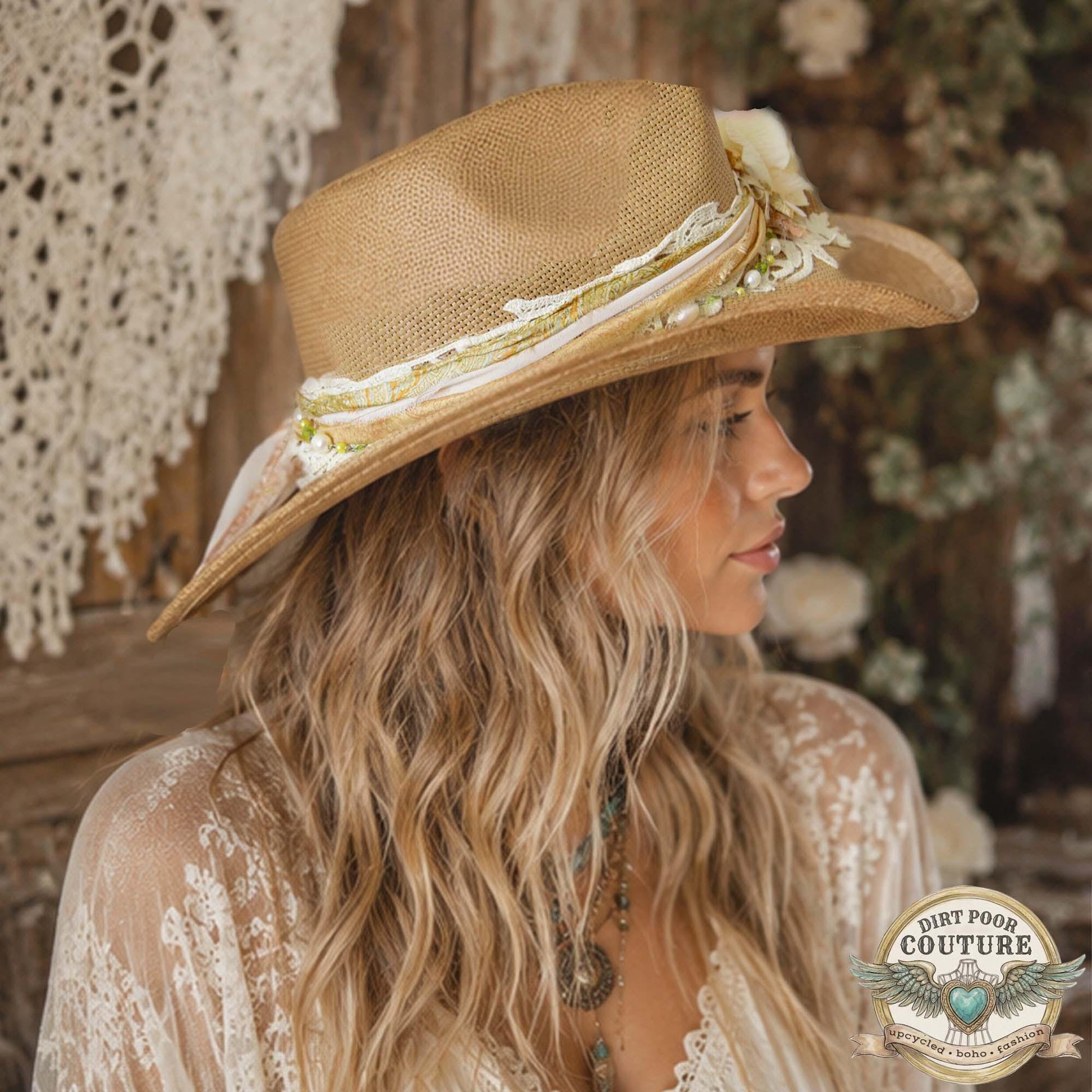 Distressed Boho Cowgirl Hat, One of a Kind Western Hat, Vintage Sari Silk Hat, Romantic Prairie Hat, Delilah