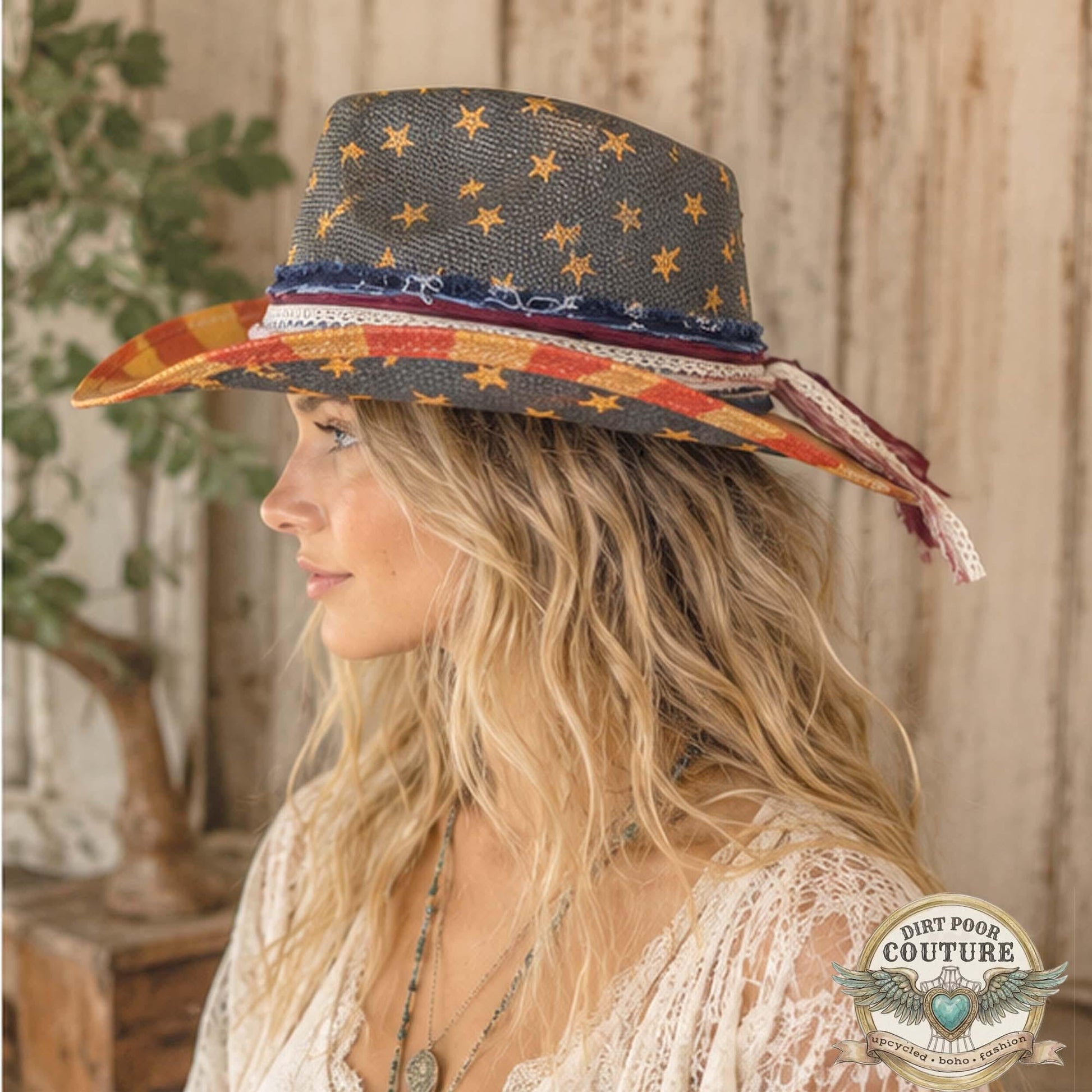 Distressed, Patriotic Boho Cowgirl Hat, One of a Kind Western Hat, Vintage Sari Silk Hat, Romantic Rebel Style, Eleanor