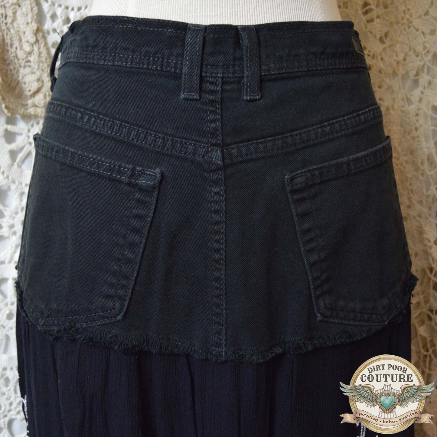 Upcycled Boho Black Skirt, Embroidered, Handkerchief Hem, Size 12, OOAK, Evangeline