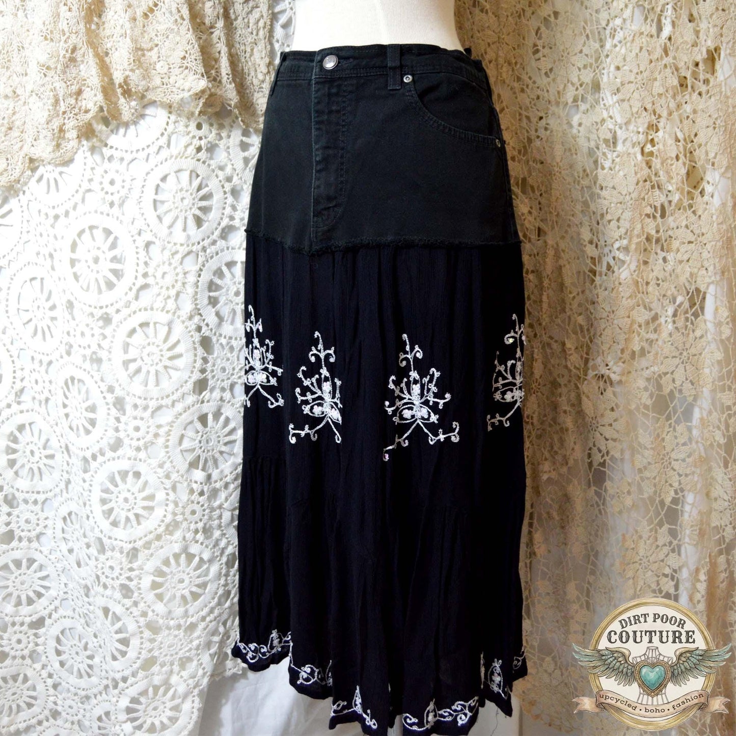 Upcycled Boho Black Skirt, Embroidered, Handkerchief Hem, Size 12, OOAK, Evangeline