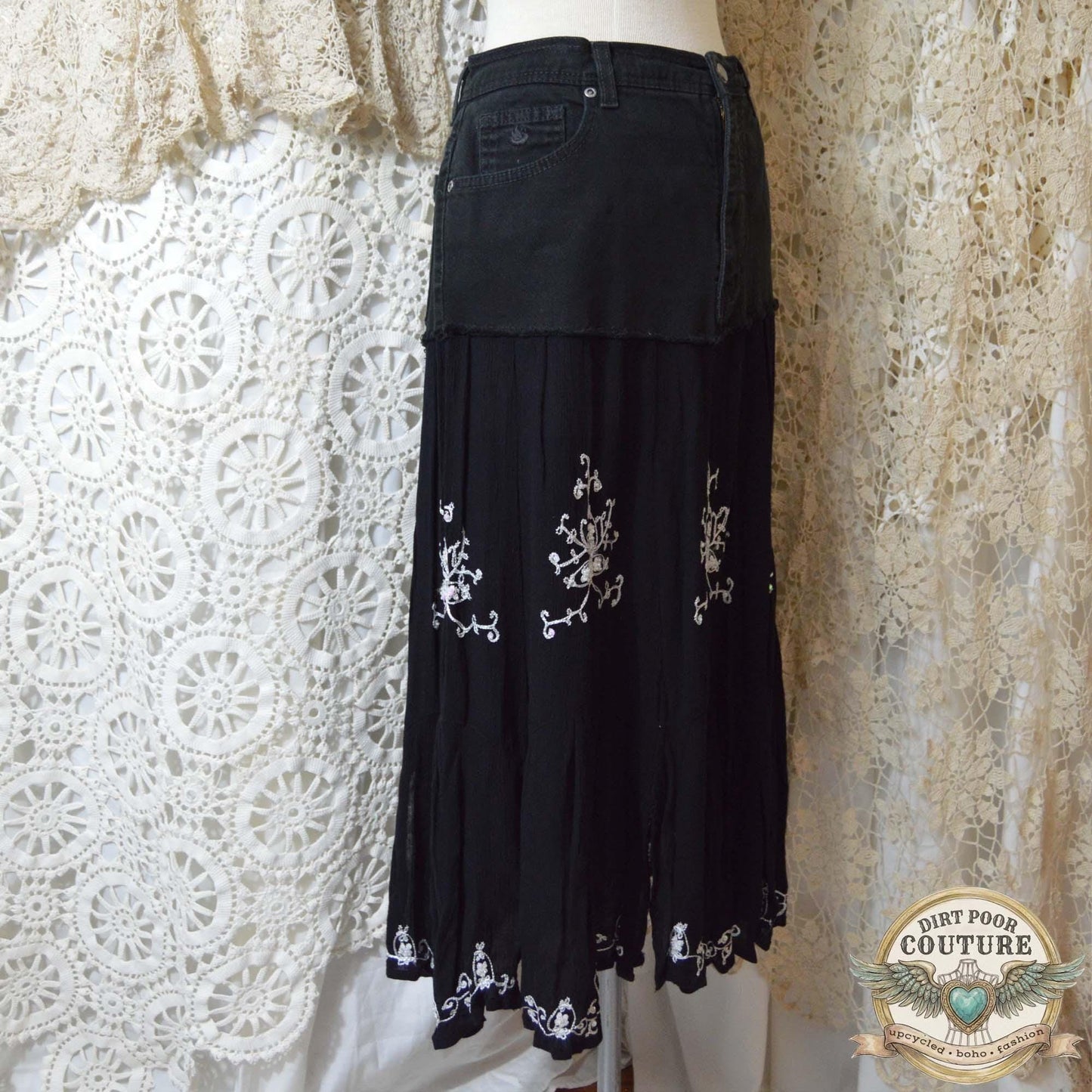 Upcycled Boho Black Skirt, Embroidered, Handkerchief Hem, Size 12, OOAK, Evangeline