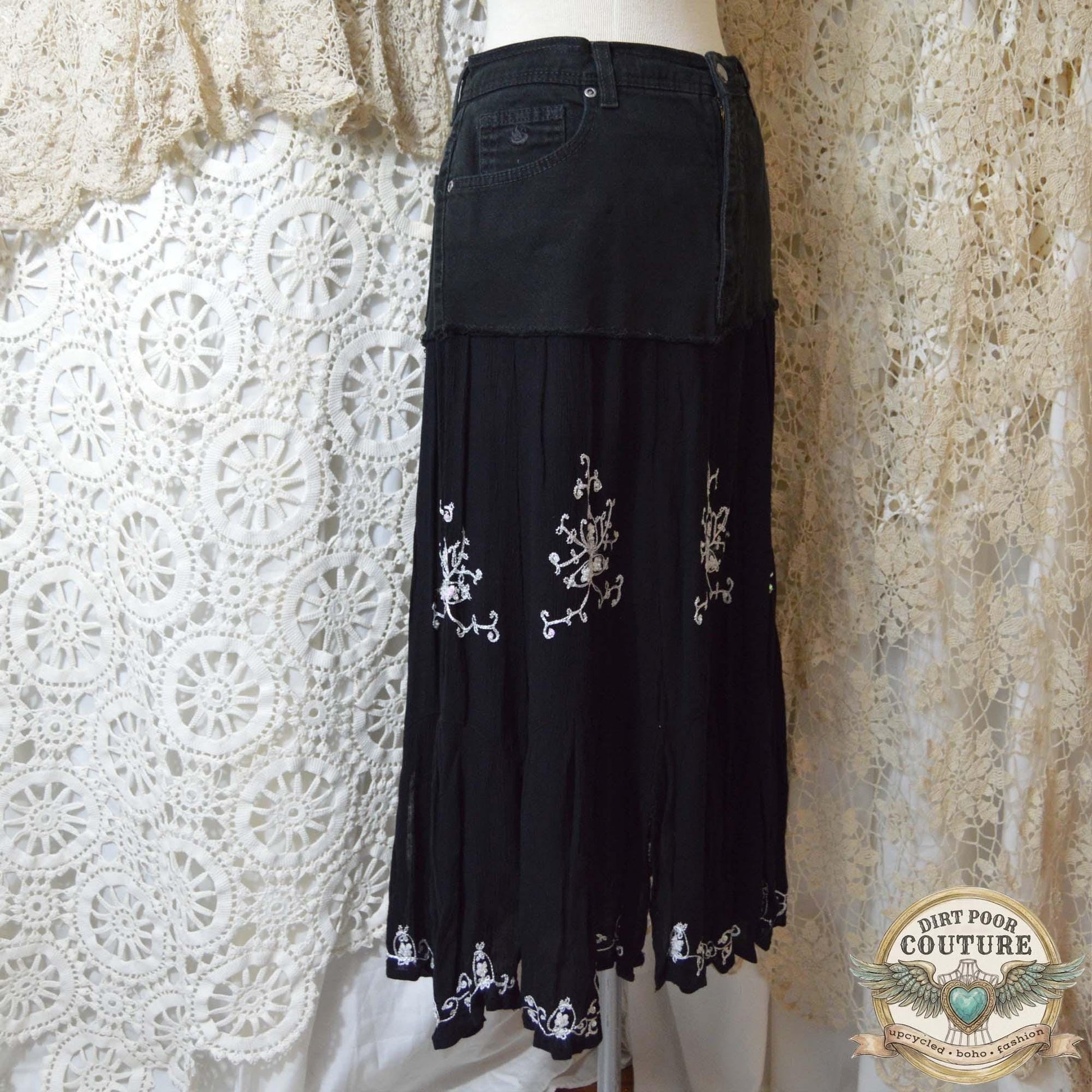 Upcycled Boho Black Skirt, Embroidered, Handkerchief Hem, Size 12, OOAK, Evangeline