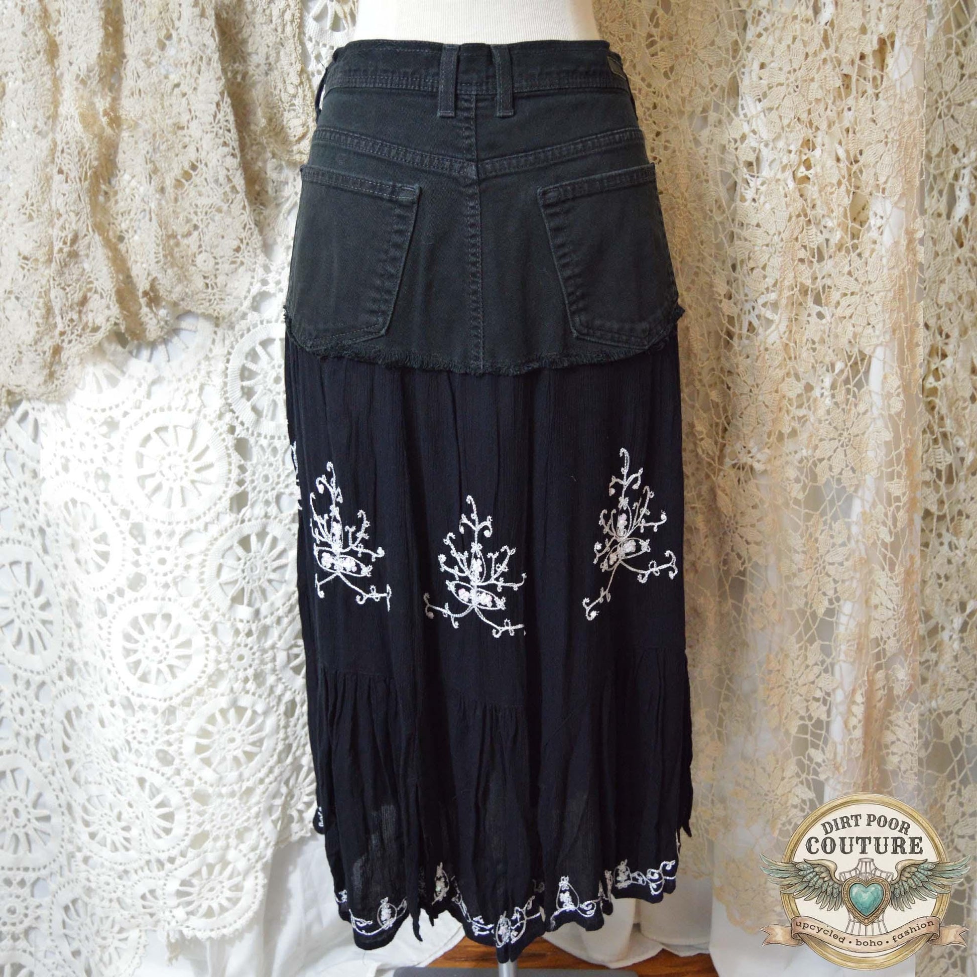 Upcycled Boho Black Skirt, Embroidered, Handkerchief Hem, Size 12, OOAK, Evangeline