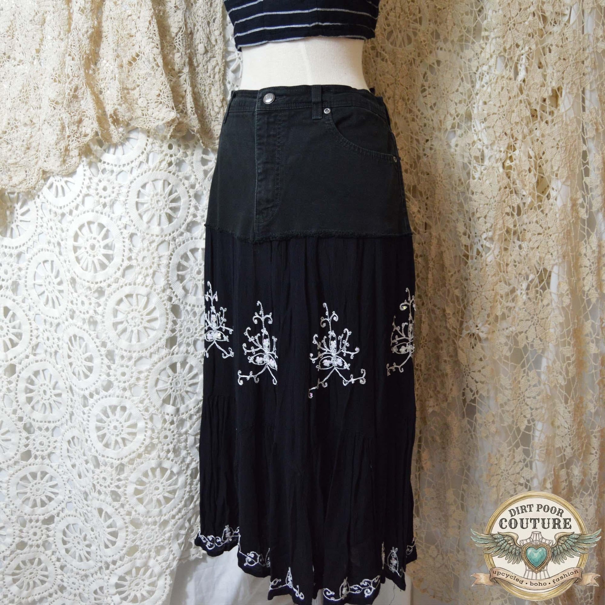 Upcycled Boho Black Skirt, Embroidered, Handkerchief Hem, Size 12, OOAK, Evangeline