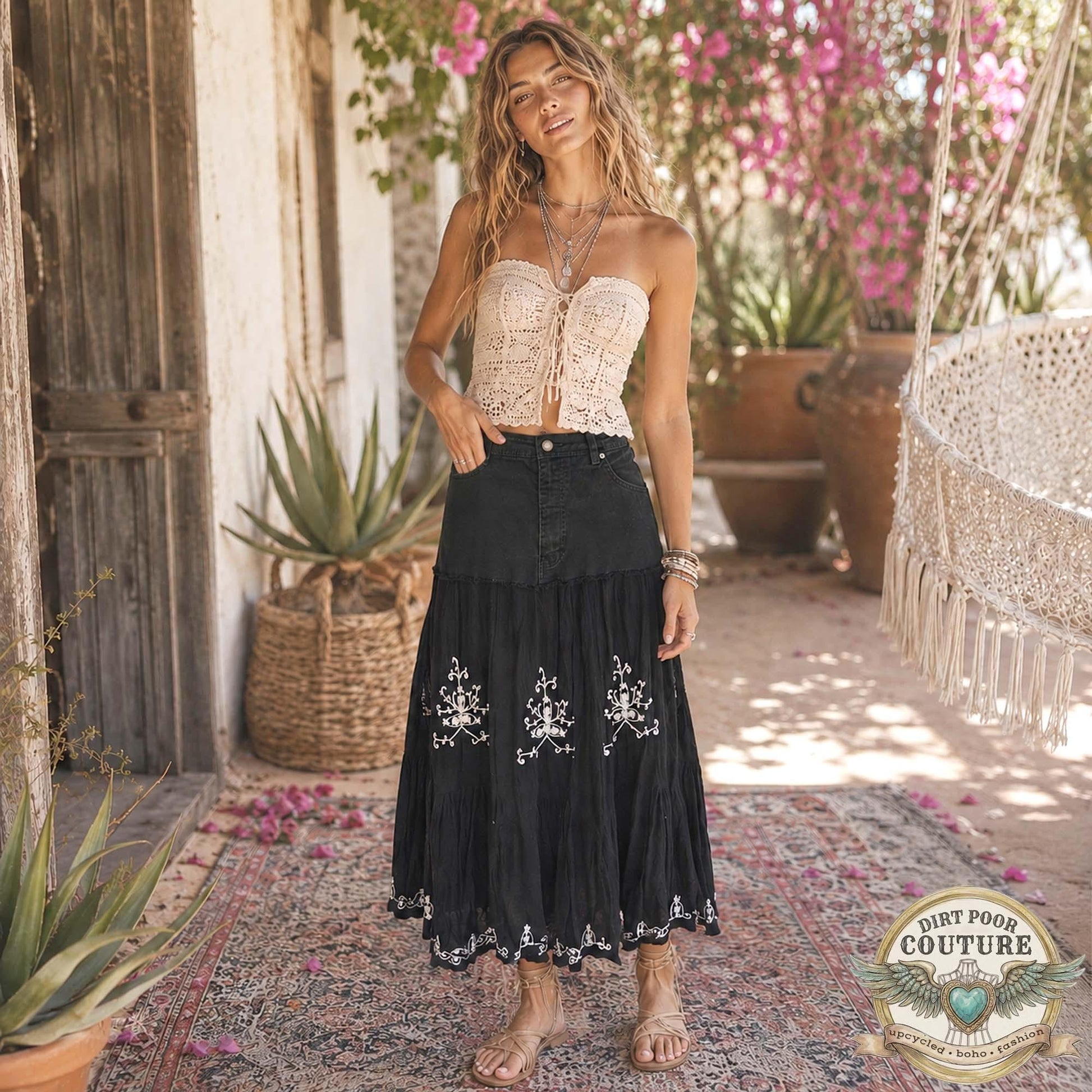 Upcycled Boho Black Skirt, Embroidered, Handkerchief Hem, Size 12, OOAK, Evangeline