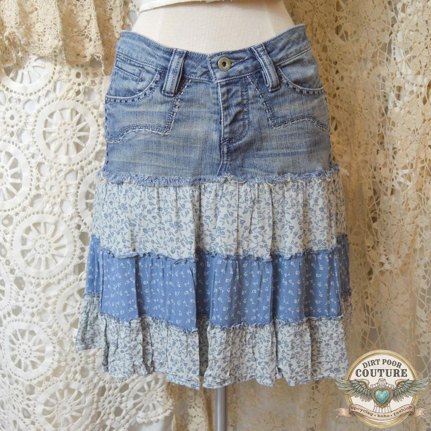 Western Denim Skirt, Upcycled Boho Skirt, Tiered Floral Skirt, Cowgirl Fashion, Size 4, Carolina