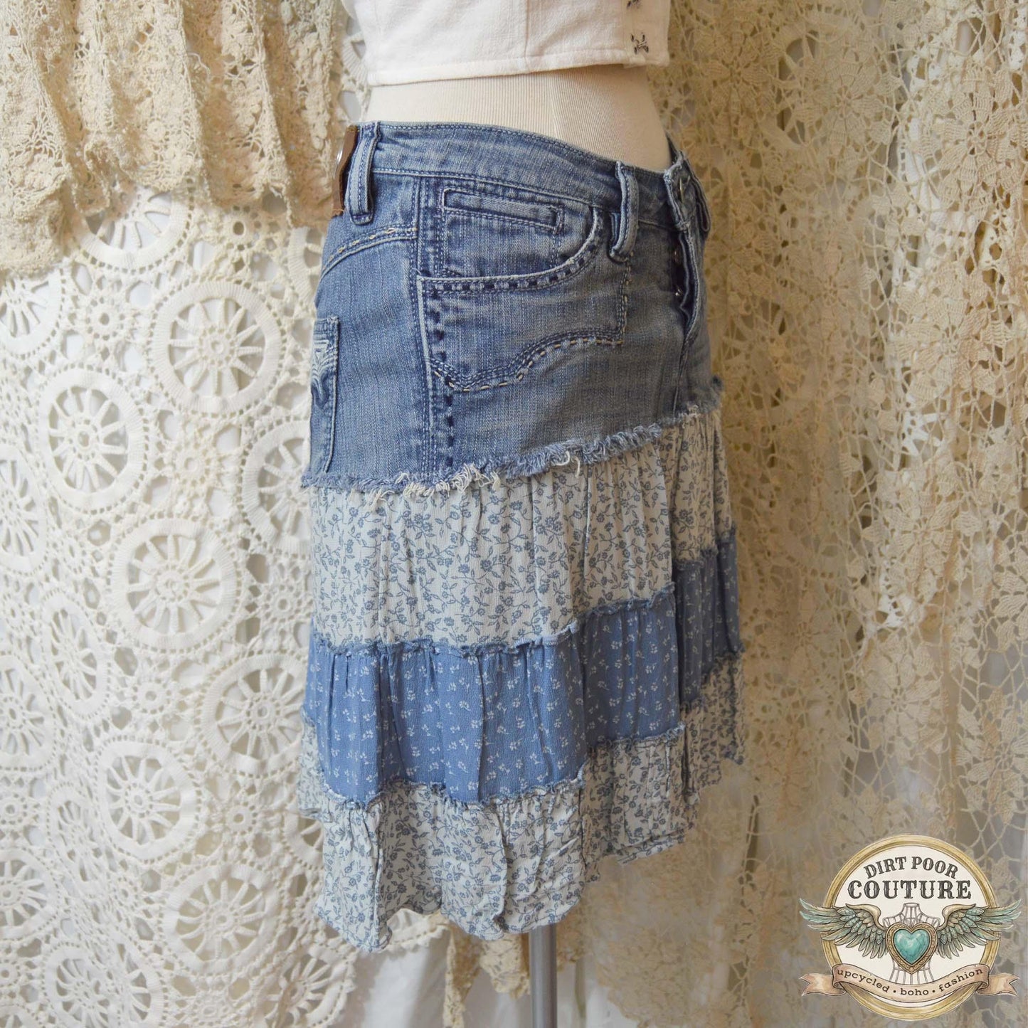 Western Denim Skirt, Upcycled Boho Skirt, Tiered Floral Skirt, Cowgirl Fashion, Size 4, Carolina