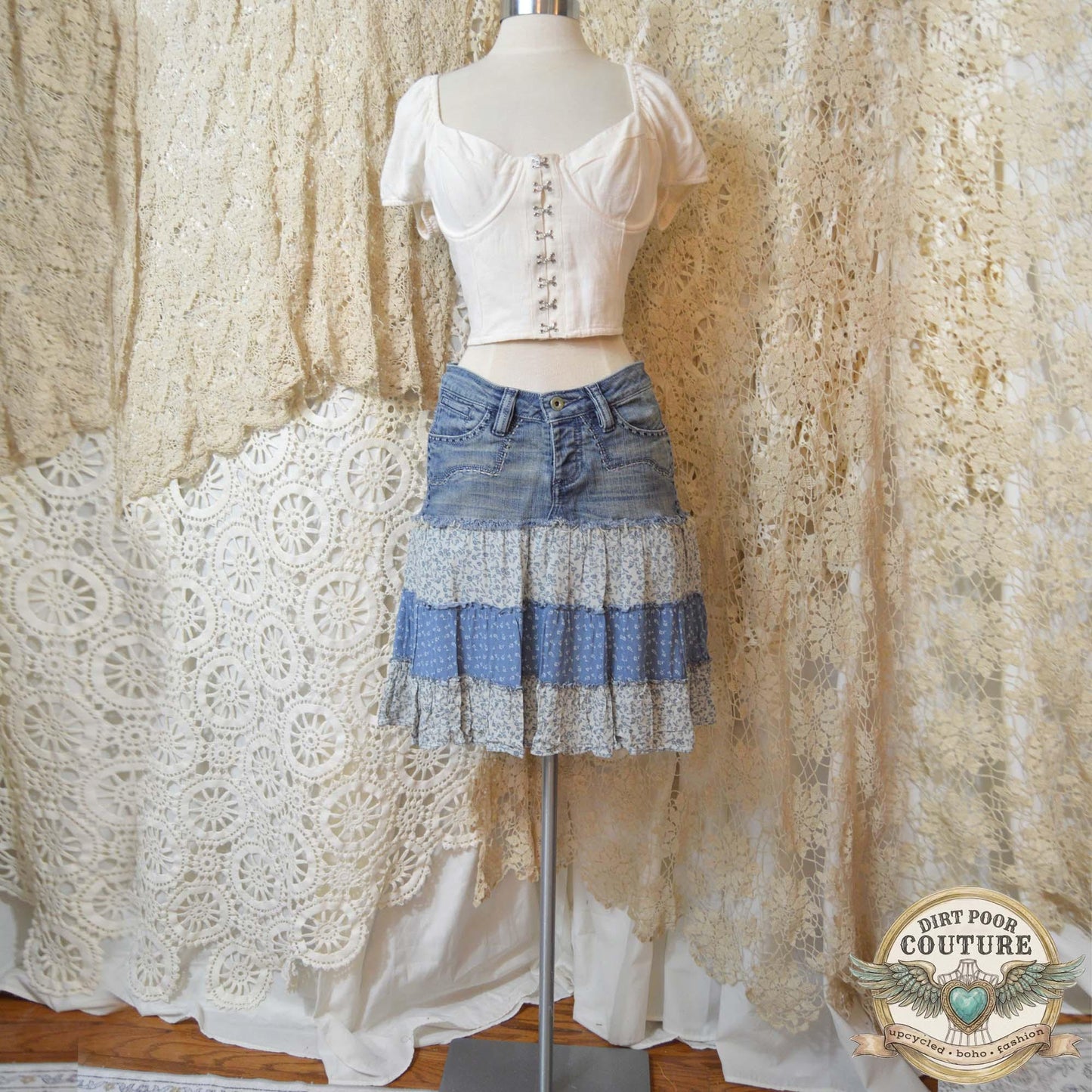 Western Denim Skirt, Upcycled Boho Skirt, Tiered Floral Skirt, Cowgirl Fashion, Size 4, Carolina