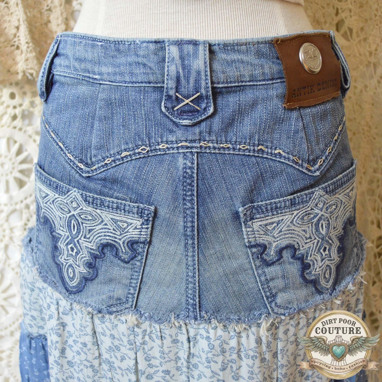 Western Denim Skirt, Upcycled Boho Skirt, Tiered Floral Skirt, Cowgirl Fashion, Size 4, Carolina