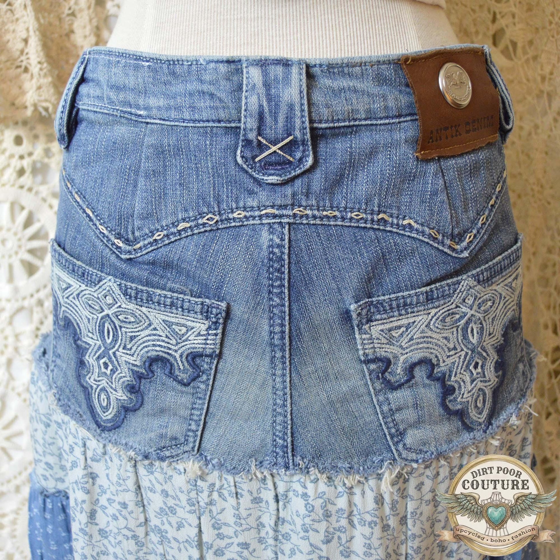 Western Denim Skirt, Upcycled Boho Skirt, Tiered Floral Skirt, Cowgirl Fashion, Size 4, Carolina