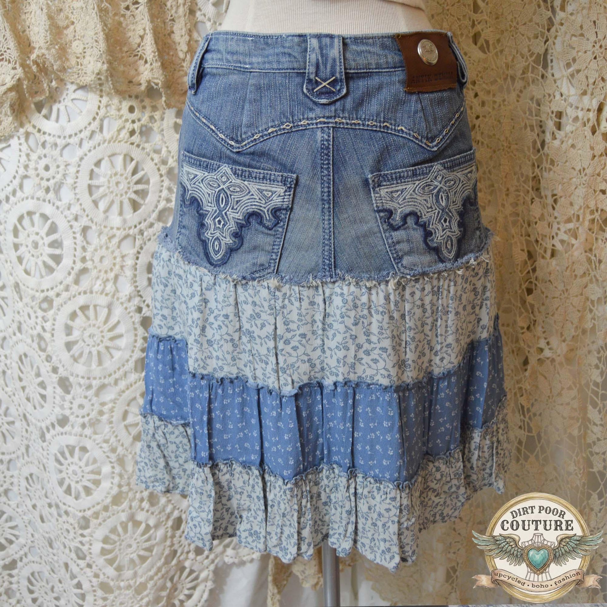Western Denim Skirt, Upcycled Boho Skirt, Tiered Floral Skirt, Cowgirl Fashion, Size 4, Carolina