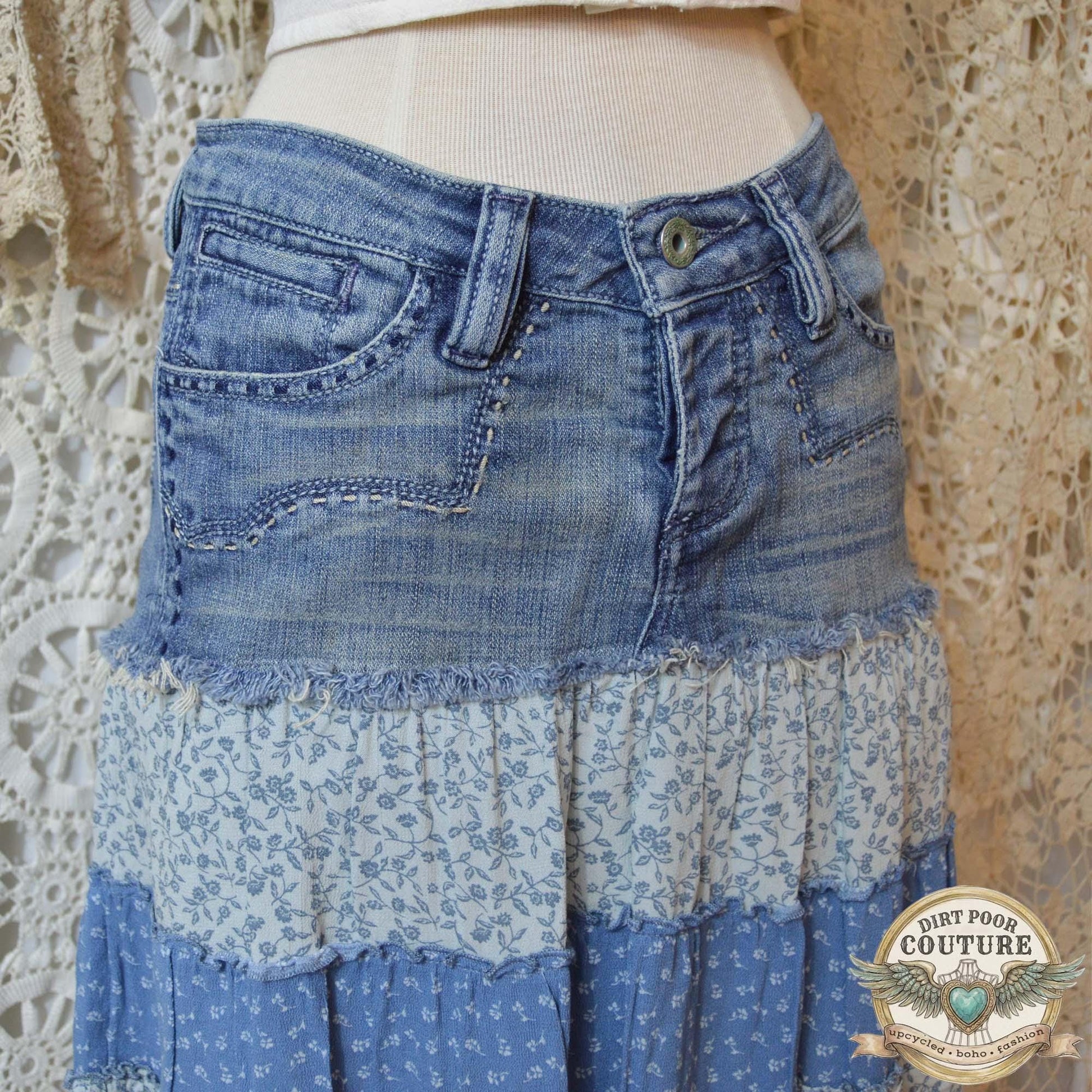 Western Denim Skirt, Upcycled Boho Skirt, Tiered Floral Skirt, Cowgirl Fashion, Size 4, Carolina