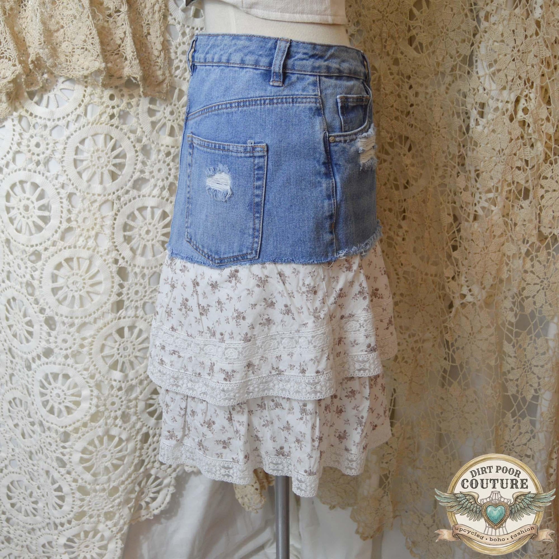 Boho Denim Tiered Skirt, Upcycled, Cottagecore Lace Skir, Prairie Skirt, Size 3, OOAK, Charlotte