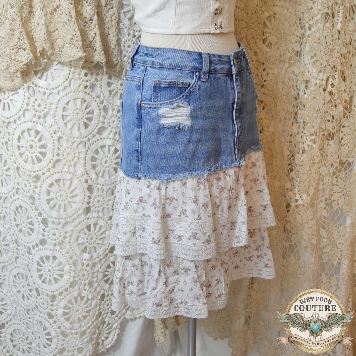 Boho Denim Tiered Skirt, Upcycled, Cottagecore Lace Skir, Prairie Skirt, Size 3, OOAK, Charlotte