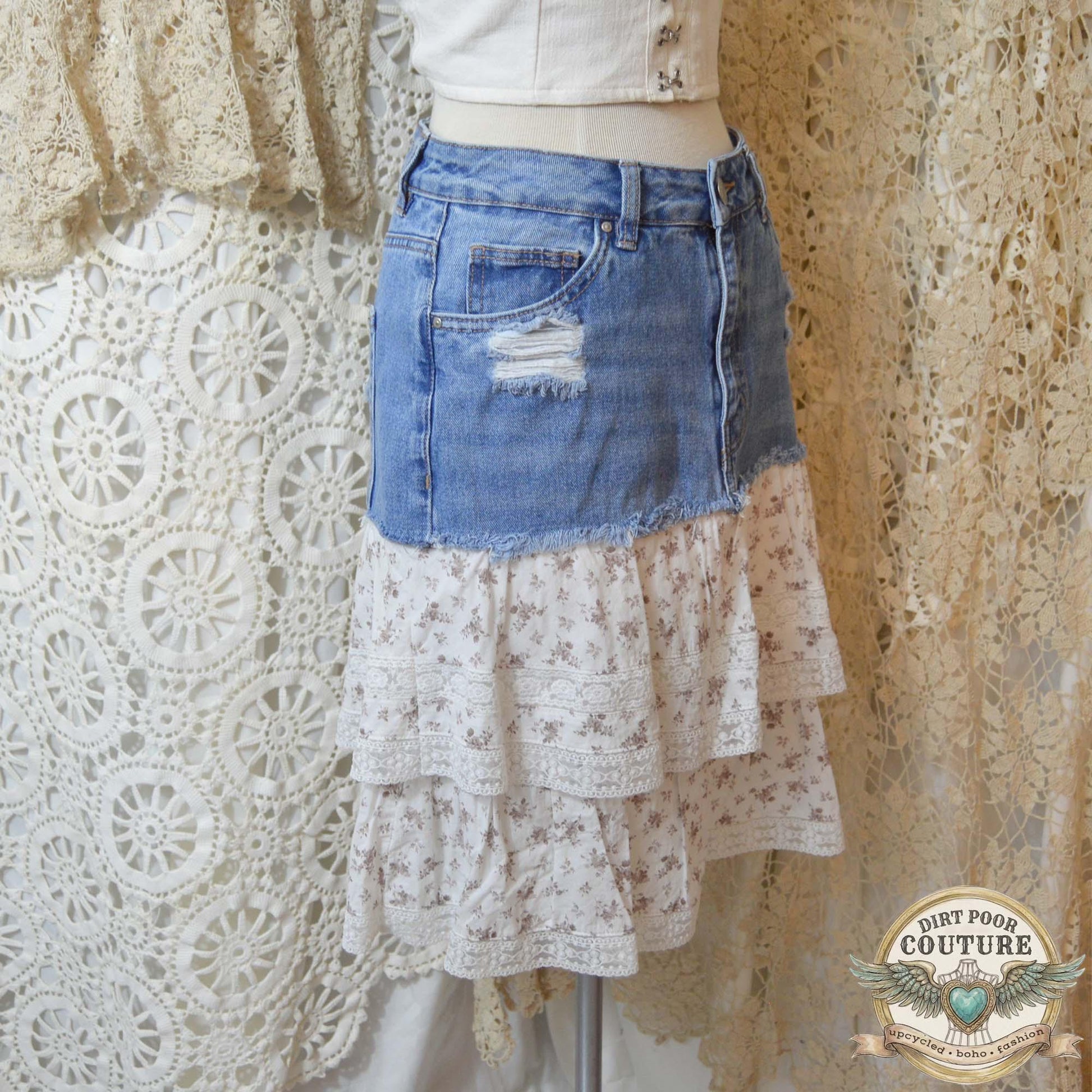 Boho Denim Tiered Skirt, Upcycled, Cottagecore Lace Skir, Prairie Skirt, Size 3, OOAK, Charlotte