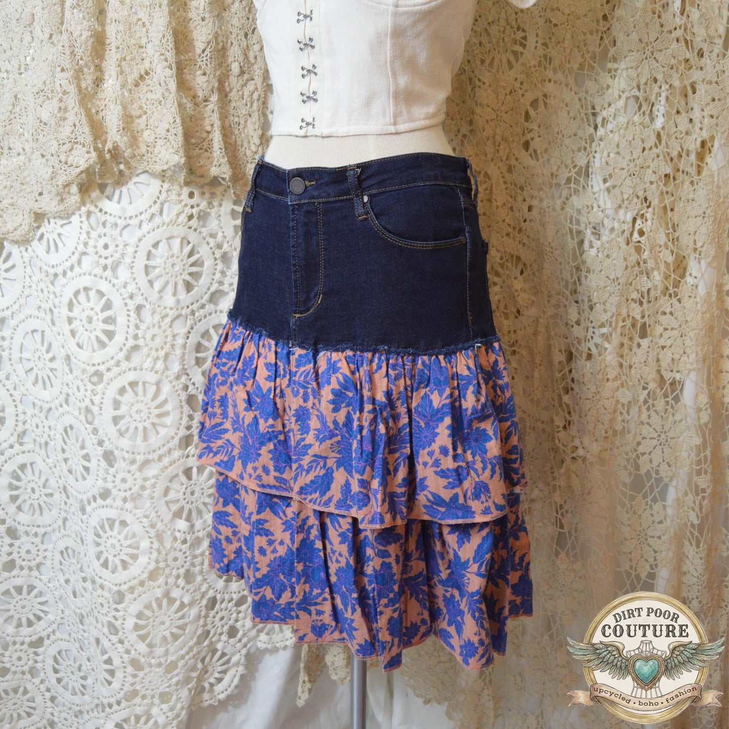 Boho Denim Skirt, Upcycled Jeans, Tiered Floral Cotton, Cottagecore, Size 30, OOAK, Savannah