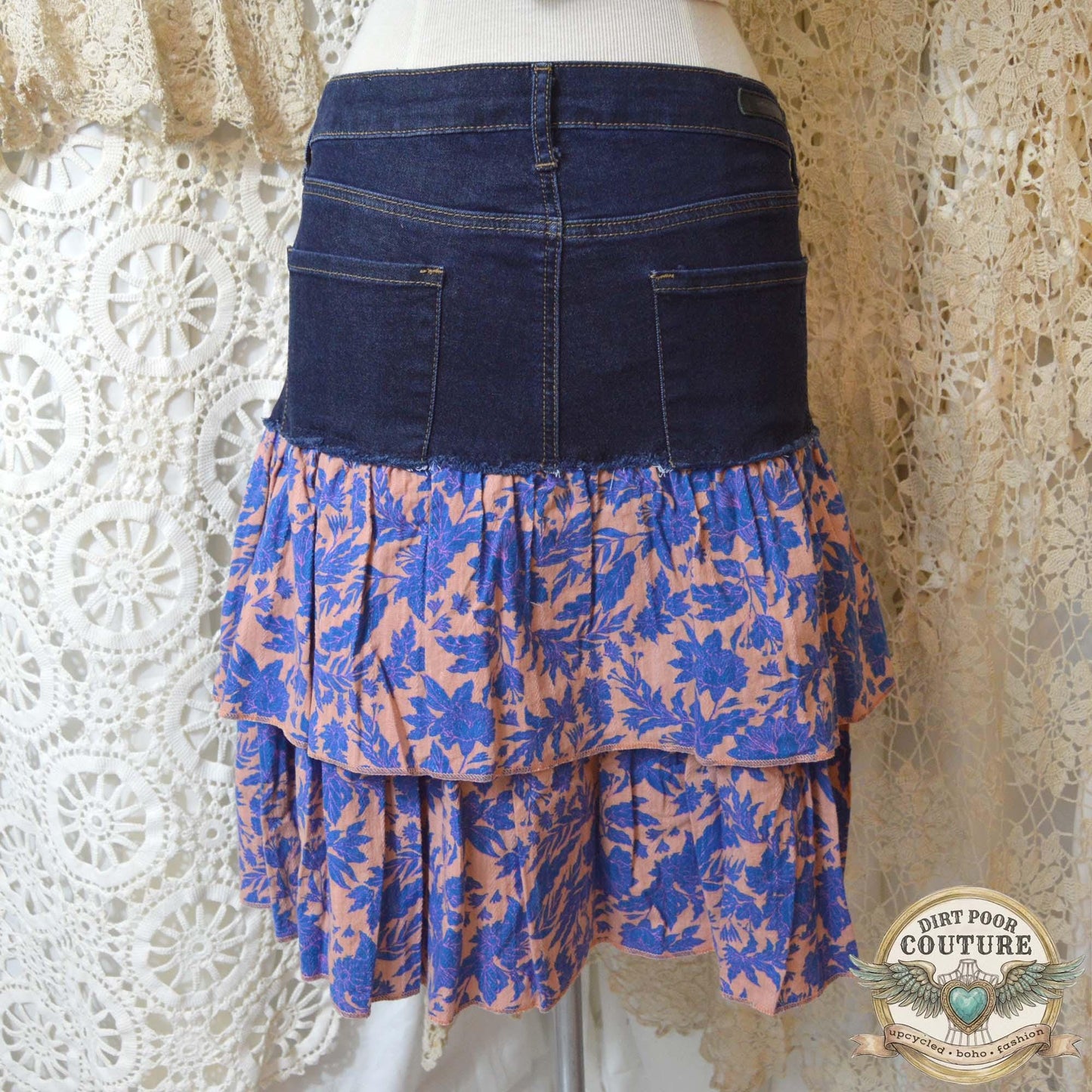 Boho Denim Skirt, Upcycled Jeans, Tiered Floral Cotton, Cottagecore, Size 30, OOAK, Savannah