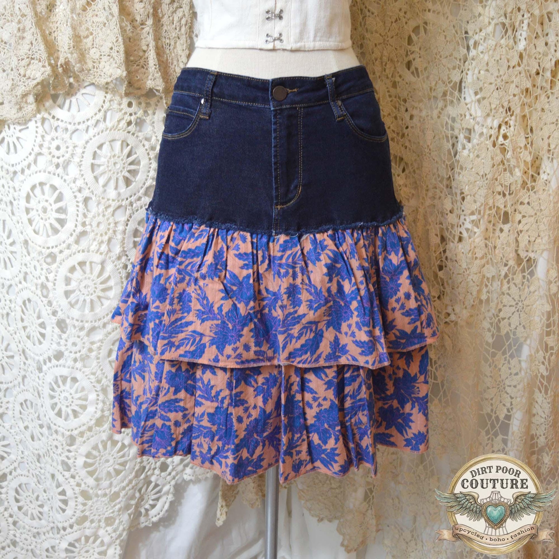 Boho Denim Skirt, Upcycled Jeans, Tiered Floral Cotton, Cottagecore, Size 30, OOAK, Savannah