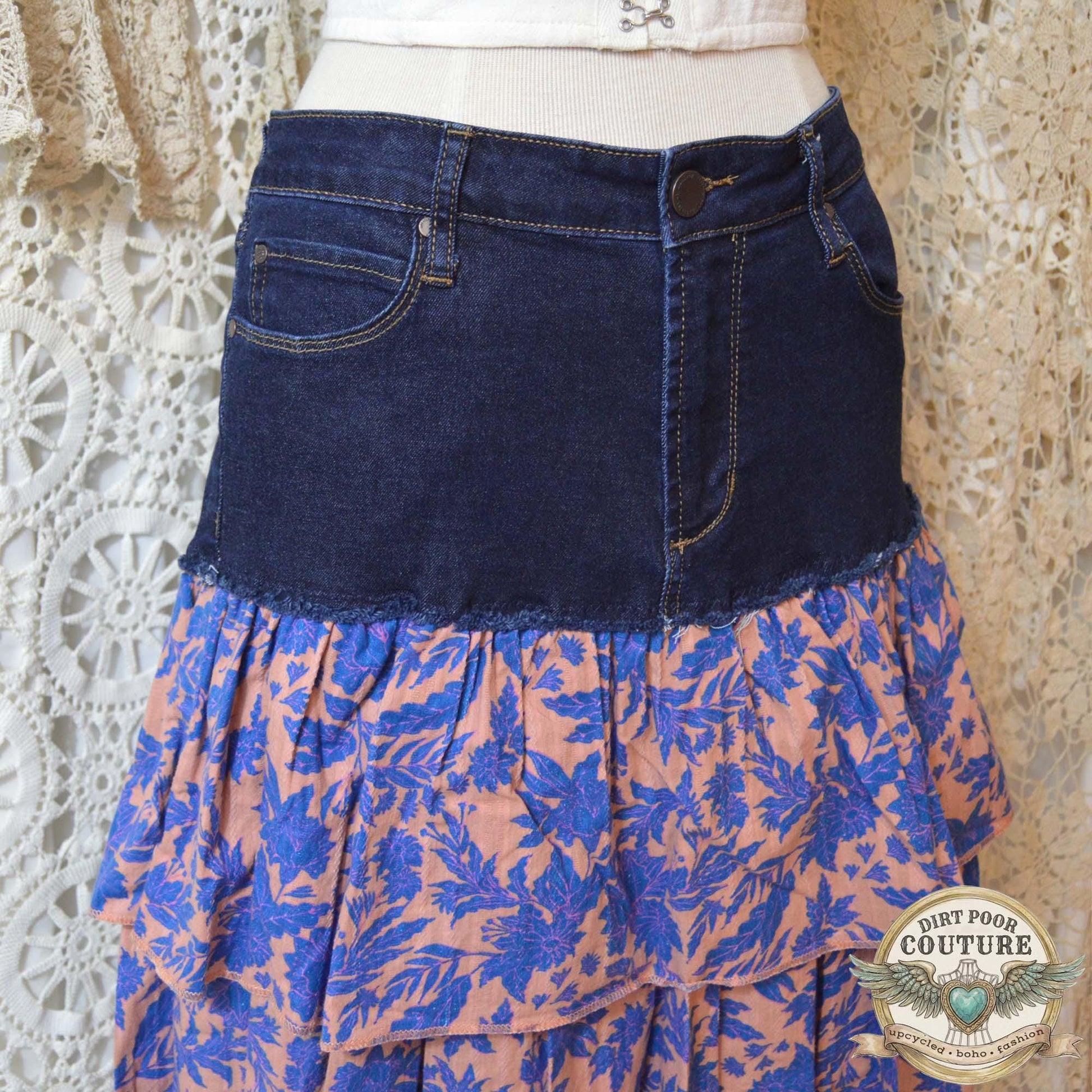 Boho Denim Skirt, Upcycled Jeans, Tiered Floral Cotton, Cottagecore, Size 30, OOAK, Savannah