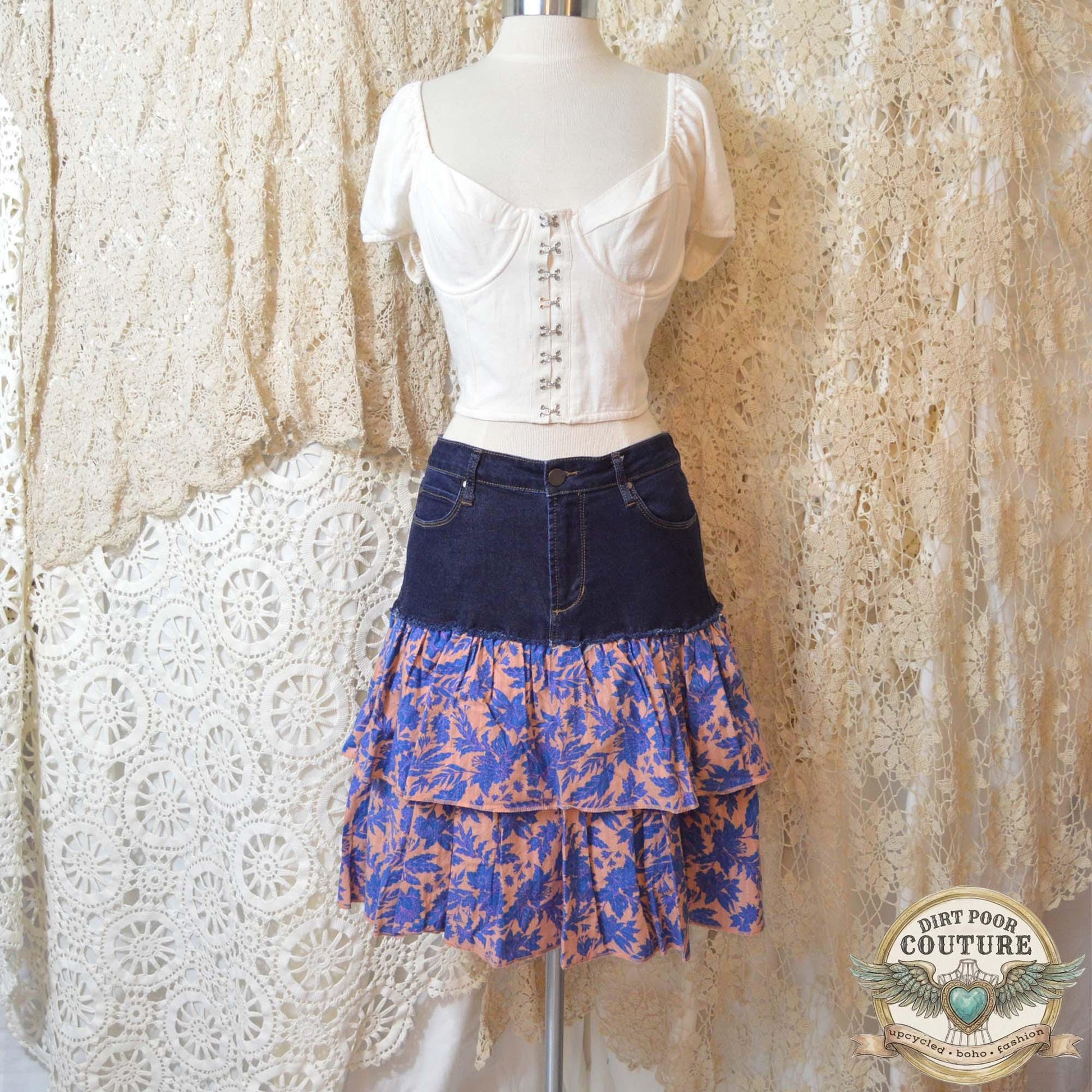 Boho Denim Skirt, Upcycled Jeans, Tiered Floral Cotton, Cottagecore, Size 30, OOAK, Savannah