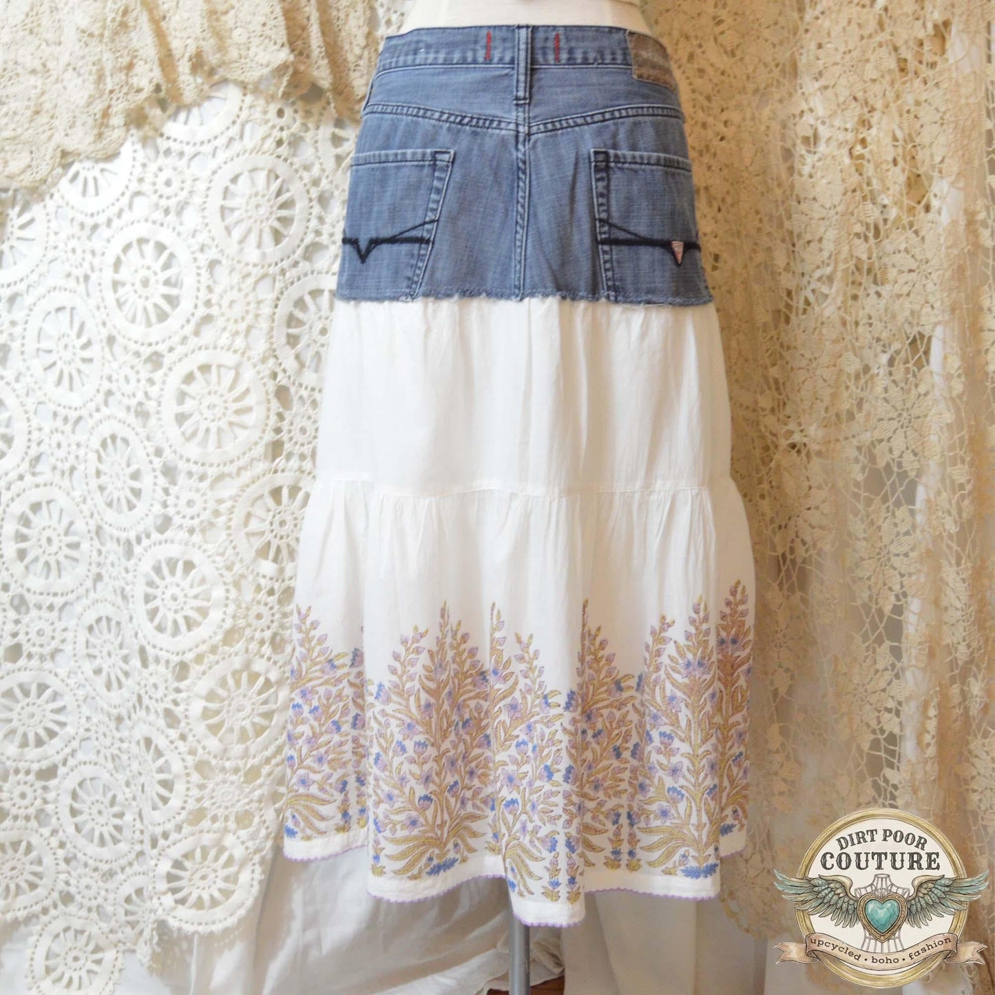 Denim White Maxi Skirt, Upcycled Guess Jeans, Cottagecore Skirt, Embroidered Maxi, OOAK, Georgette