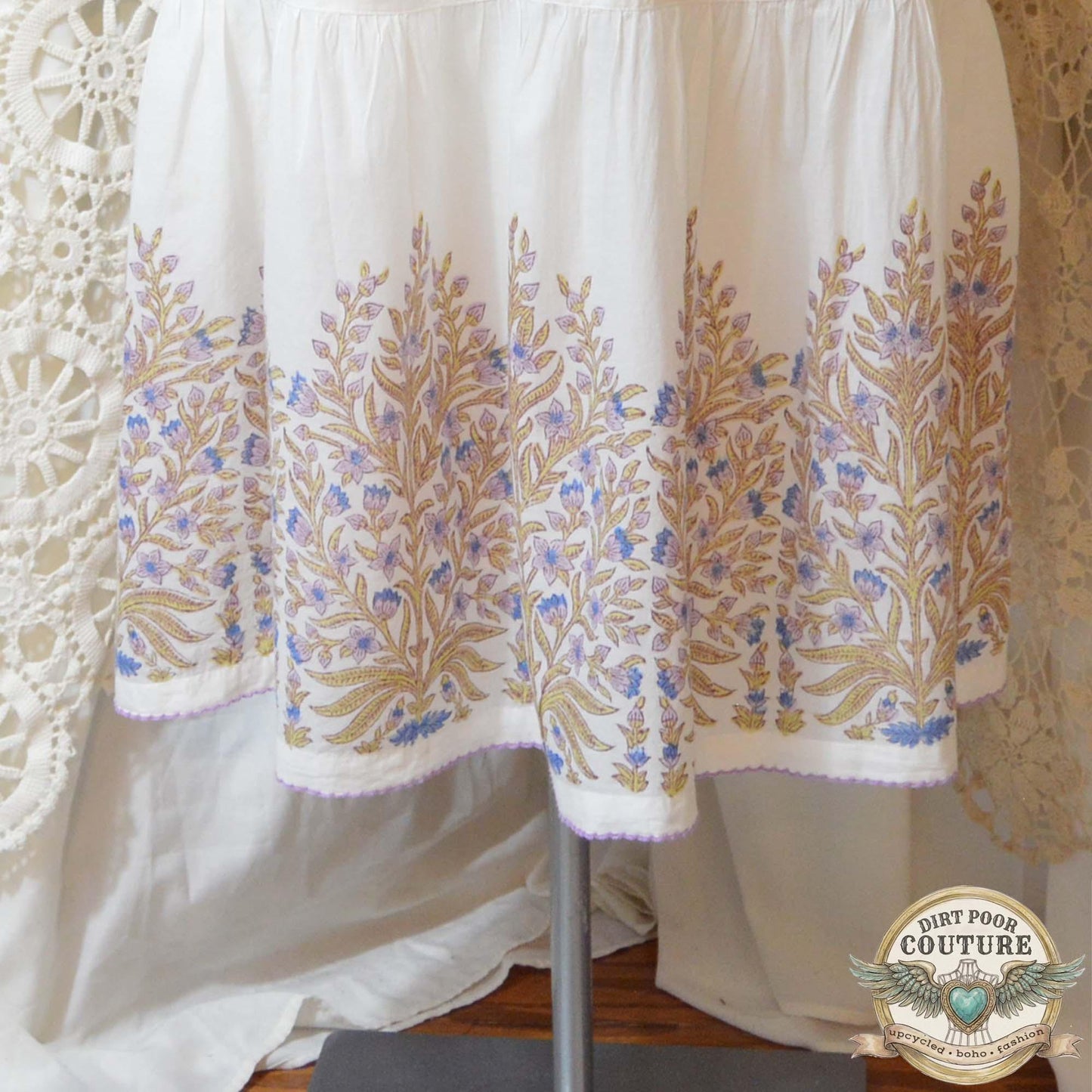 Denim White Maxi Skirt, Upcycled Guess Jeans, Cottagecore Skirt, Embroidered Maxi, OOAK, Georgette