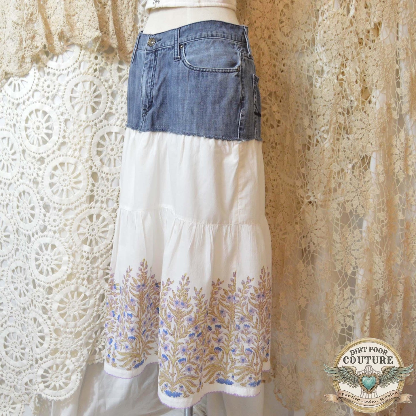 Denim White Maxi Skirt, Upcycled Guess Jeans, Cottagecore Skirt, Embroidered Maxi, OOAK, Georgette