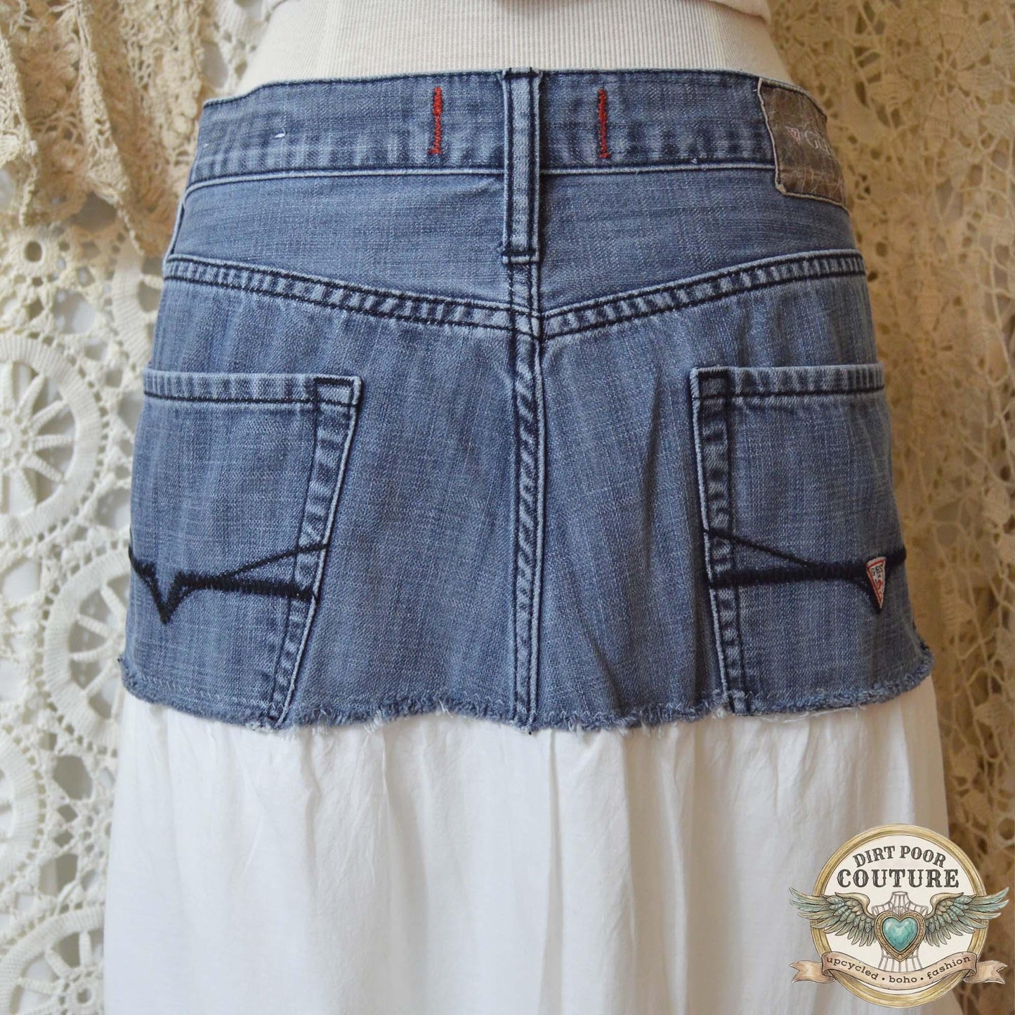 Denim White Maxi Skirt, Upcycled Guess Jeans, Cottagecore Skirt, Embroidered Maxi, OOAK, Georgette