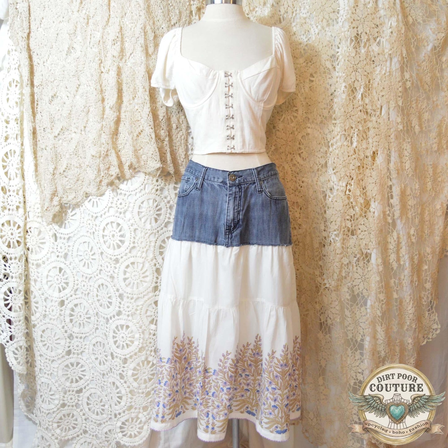 Denim White Maxi Skirt, Upcycled Guess Jeans, Cottagecore Skirt, Embroidered Maxi, OOAK, Georgette