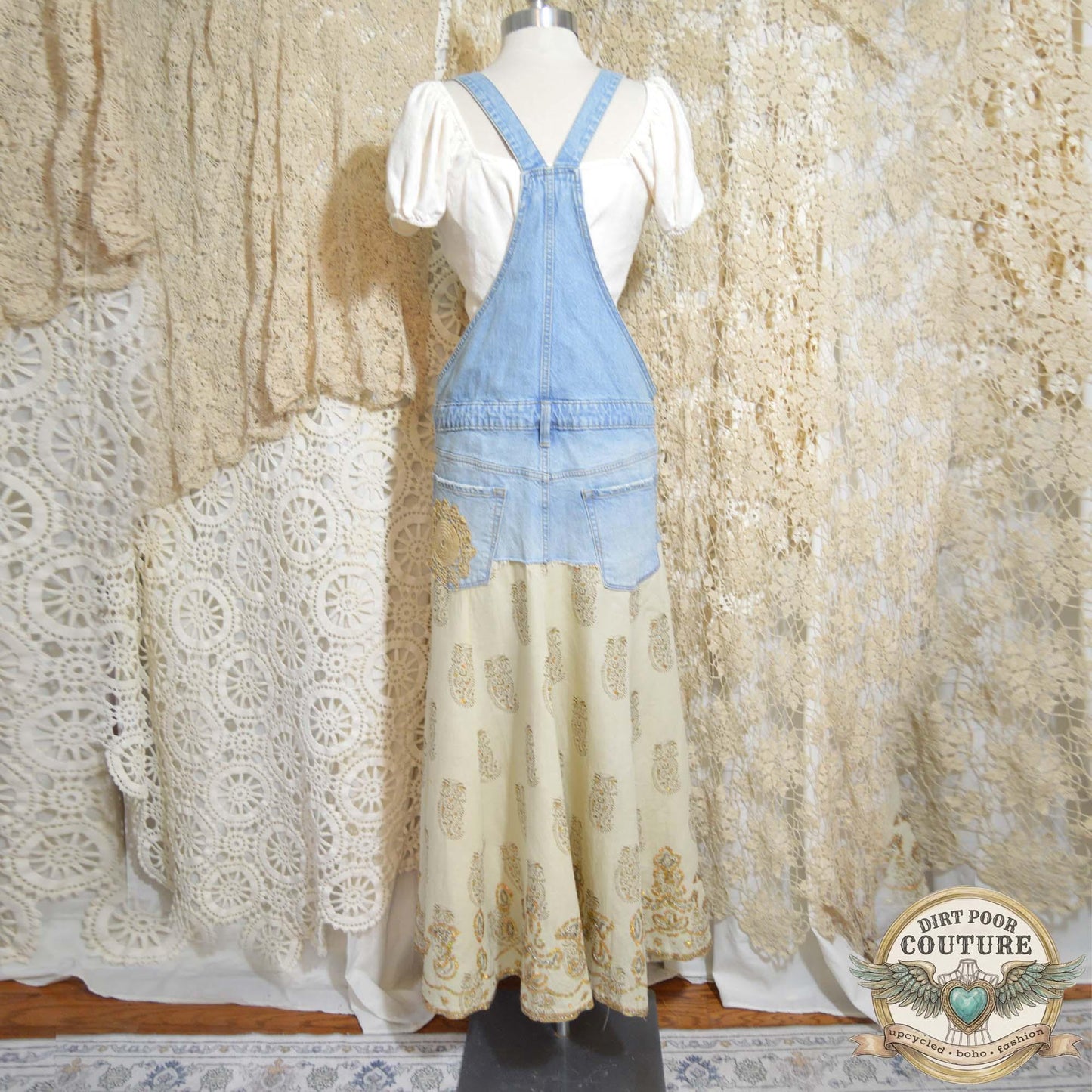 Bib Dress, Vintage Linen Maxi Dress, Upcycled Denim, Boho Prairie Dress, Upcycled, OOAK, Adelaide