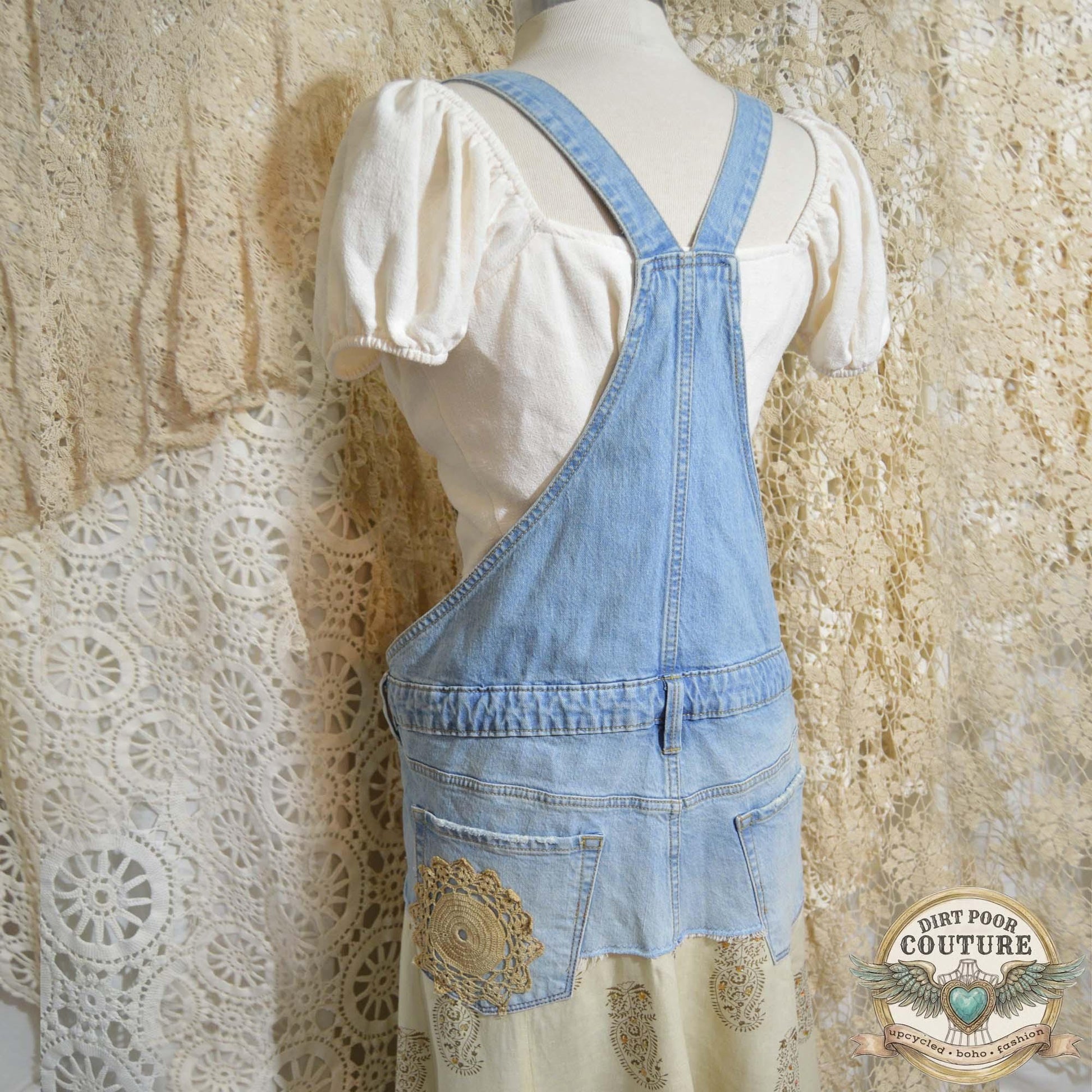 Bib Dress, Vintage Linen Maxi Dress, Upcycled Denim, Boho Prairie Dress, Upcycled, OOAK, Adelaide